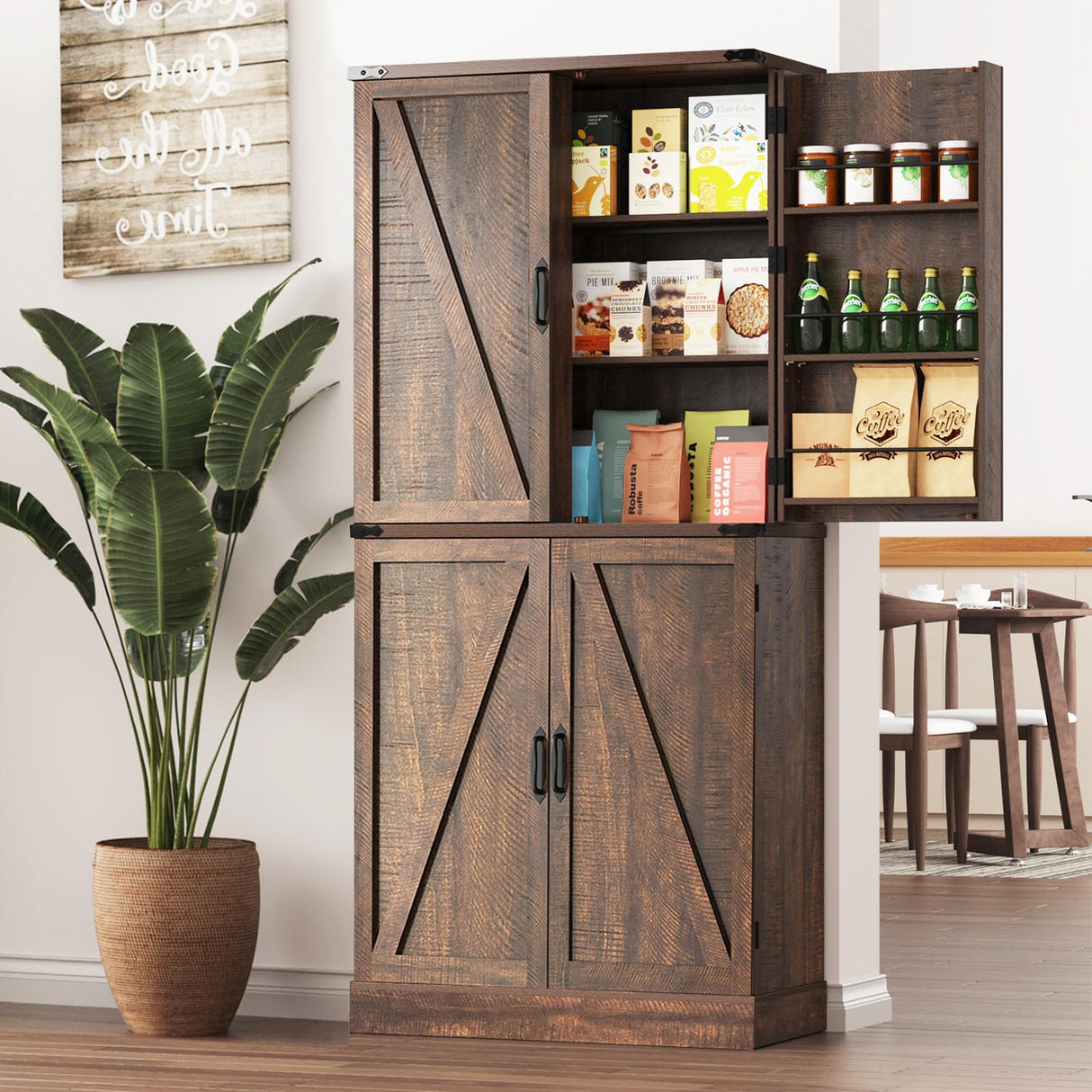 Hlivelood Farmhouse Kitchen Pantry Cabinet with 3 Drawers,71" Tall Rustic Wood Storage Cabinet with 6 Door Shelves,with Load-Bearing Steel Pipe,Pantry Organizers for Kitchen,Dining Room(Brown) Hlivelood
