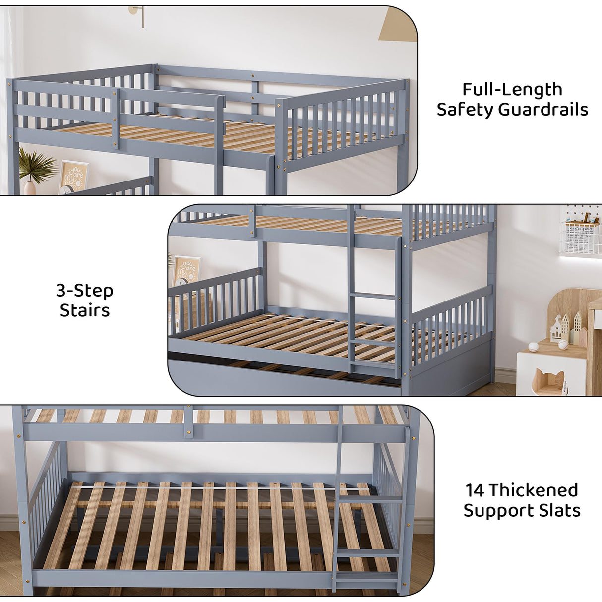Rophefx Full Over Full Bunk Bed with Trundle, Wood Convertible Bunk Beds for Kids, Bunkbed Frame with Safety Rails and Ladders, Bunk Beds for for Adult, Teens, Grey Rophefx