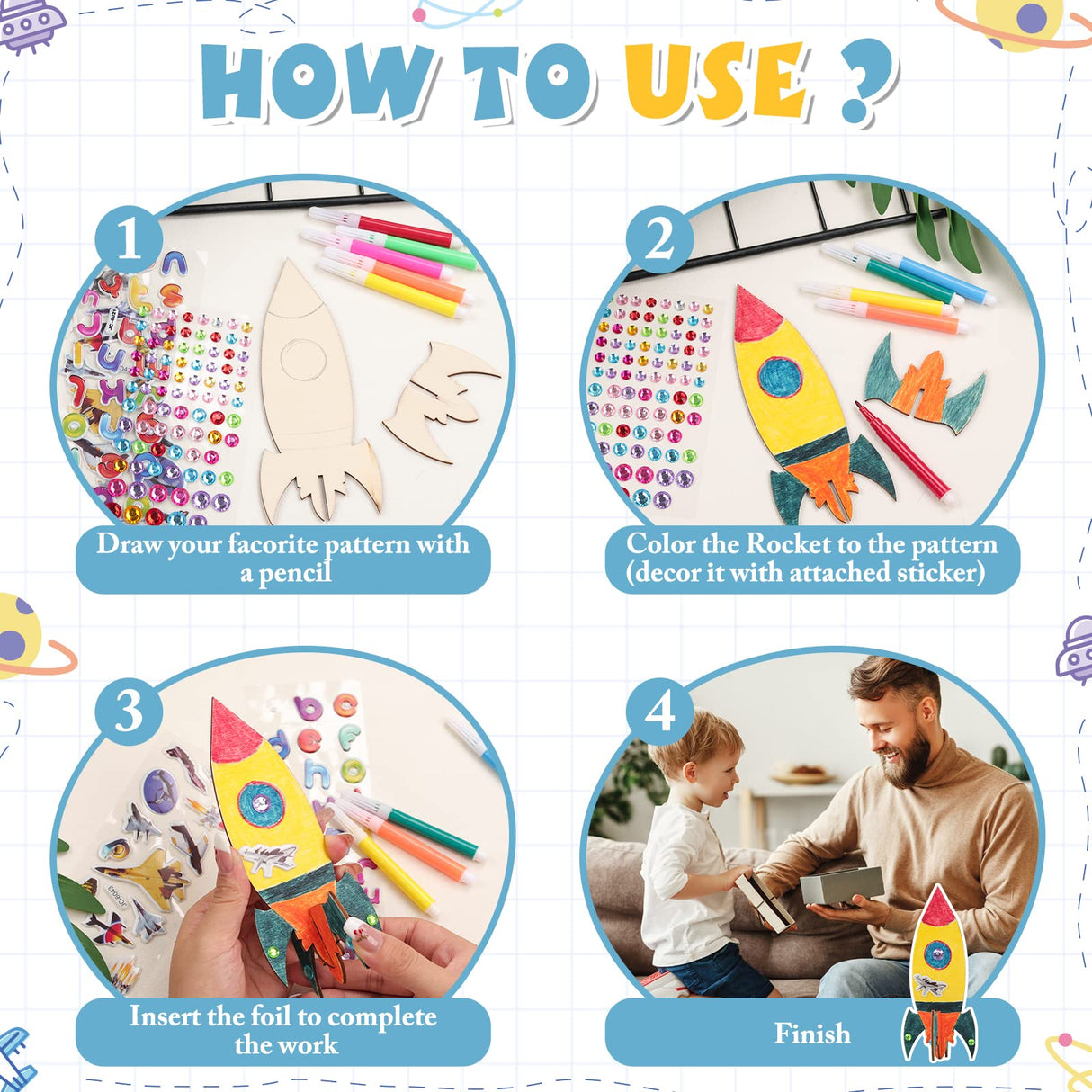 BAPHILE 12 Pack DIY Wood Rocket, Mini and Decorate Wooden Craft Kits With Tools for Kids School Home Party Decor Projects BAPHILE