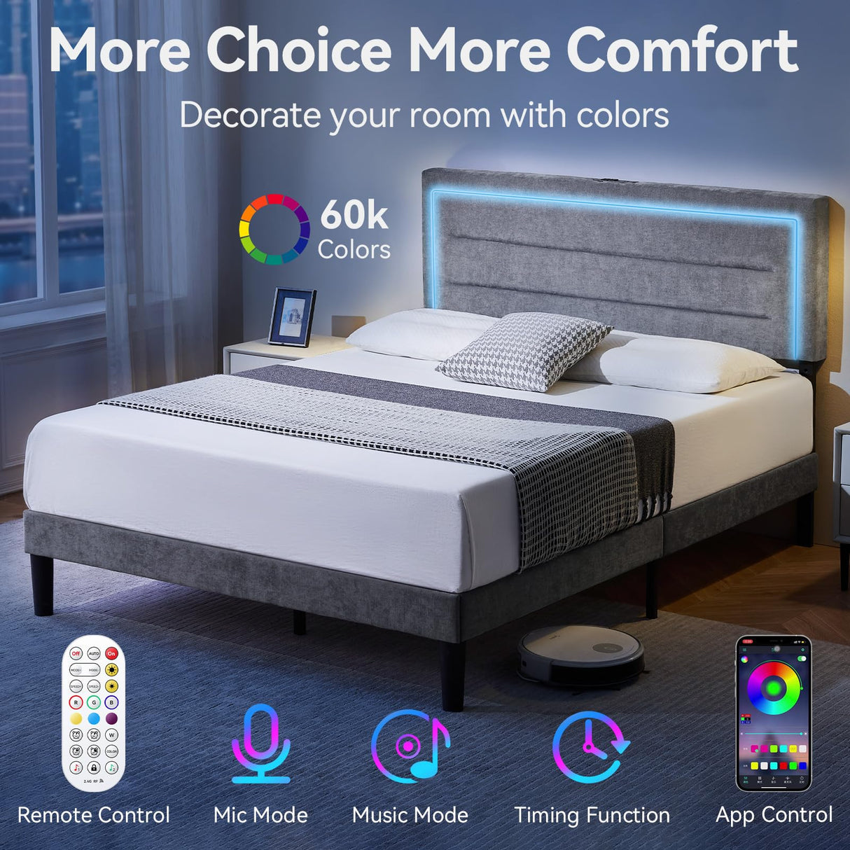 Queen Size Bed Frame with LED Lights and Charging Station, Chenille Upholstered Platform Queen Bed Frame with Headboard, No Box Spring Needed Bedframe, Noise Free, Easy Assembly, Gray Susalt