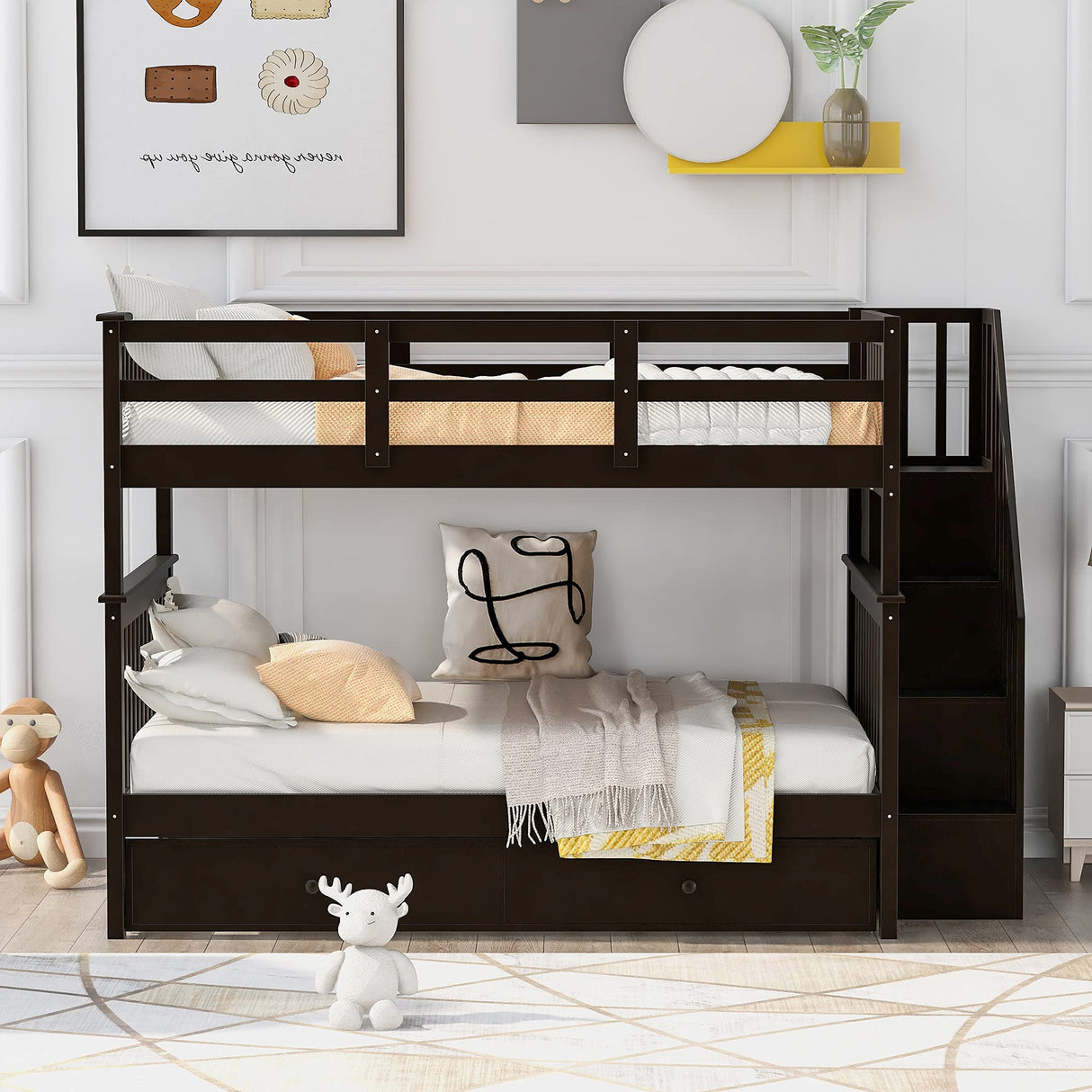 Harper & Bright Designs Full Over Full Bunk Bed with Trundle & Stairs, Wooden Full Size Bunk Bed Frame with Storage,for Kids Teens Adults(Espresso,Full Over Full) Harper & Bright Designs