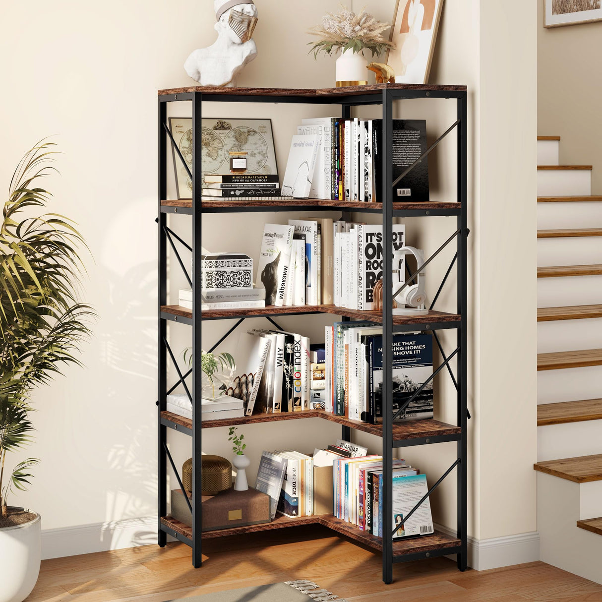 YITAHOME Corner Bookshelf, Industrial Corner Shelf 5 Tier Bookcase, Large Display Rack Storage for Bedroom, Living Room, Home Office,Rustic Brown YITAHOME