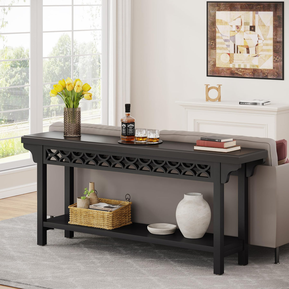 Tribesigns 70.8-Inch Solid Wood Long Console Table, Farmhouse Entryway Table with Storage, Narrow Sofa Table Grey Couch Table for Living Room Entryway Hallway (Black) Tribesigns