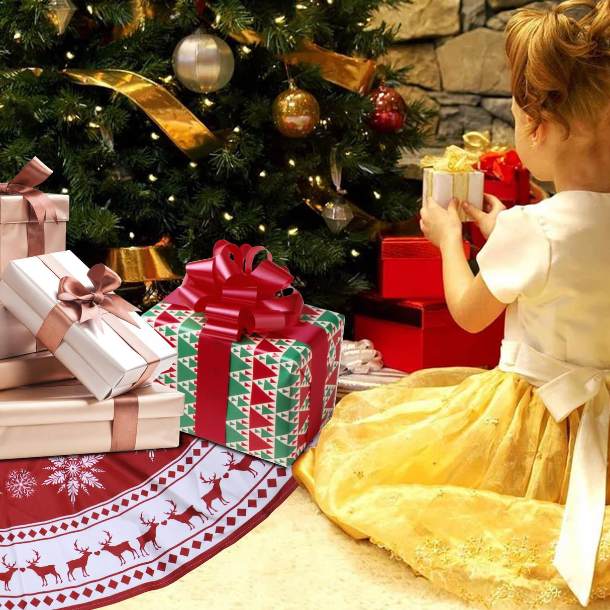 Christmas Tree Skirt 48 inch Large Tree Skirt Snowflake Reindeer Red Xmas Tree Skirt Rustic Christmas Tree Mat Decorations for Winter New Year Holiday Party Decor Indoor Outdoor JXOUYDAD