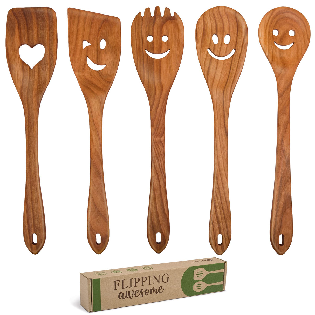 MFC 5-Piece Wooden Cooking Spoons - Kitchen Spatula Set from Natural Cherry Wood - Wooden Spoons for Cooking - Funny Wooden Utensil Set with Smiley Faces - Cooking Multipurpose Wooden Utensils MyFancyCraft