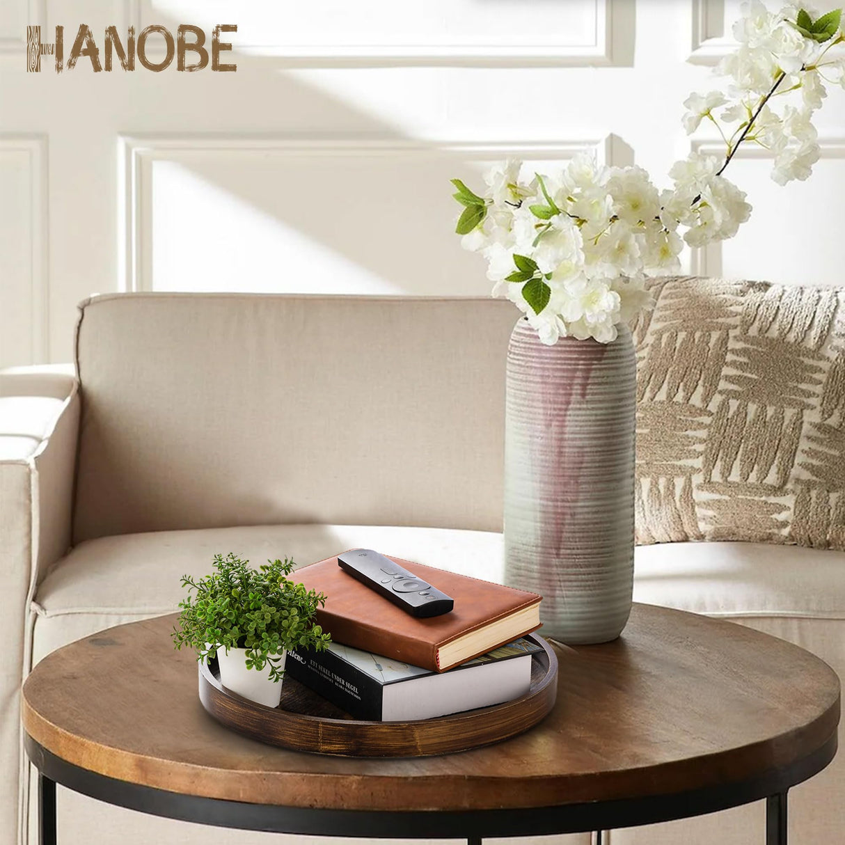 Hanobe Decorative Coffee Table Tray: Brown Wood Tray Round Rustic Wooden Trays Circle Farmhouse Centerpiece Candle Holder for Home Decor Ottoman Counter Display Living Room Organizer 12" Hanobe