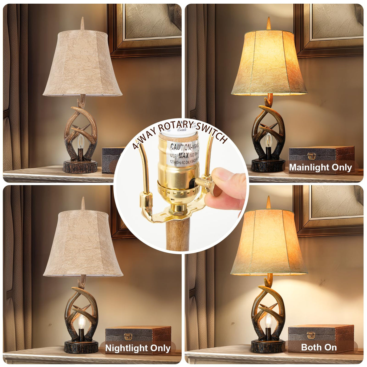 Scenekoy Rustic Farmhouse Antlers Bedside Table Lamp Set of 2 with Nightlight Dual USB Ports Leather Soft Bell Shade Brown Finish nightstand Lamp Decor for Living Room Bedroom Office House Hotel Scenekoy