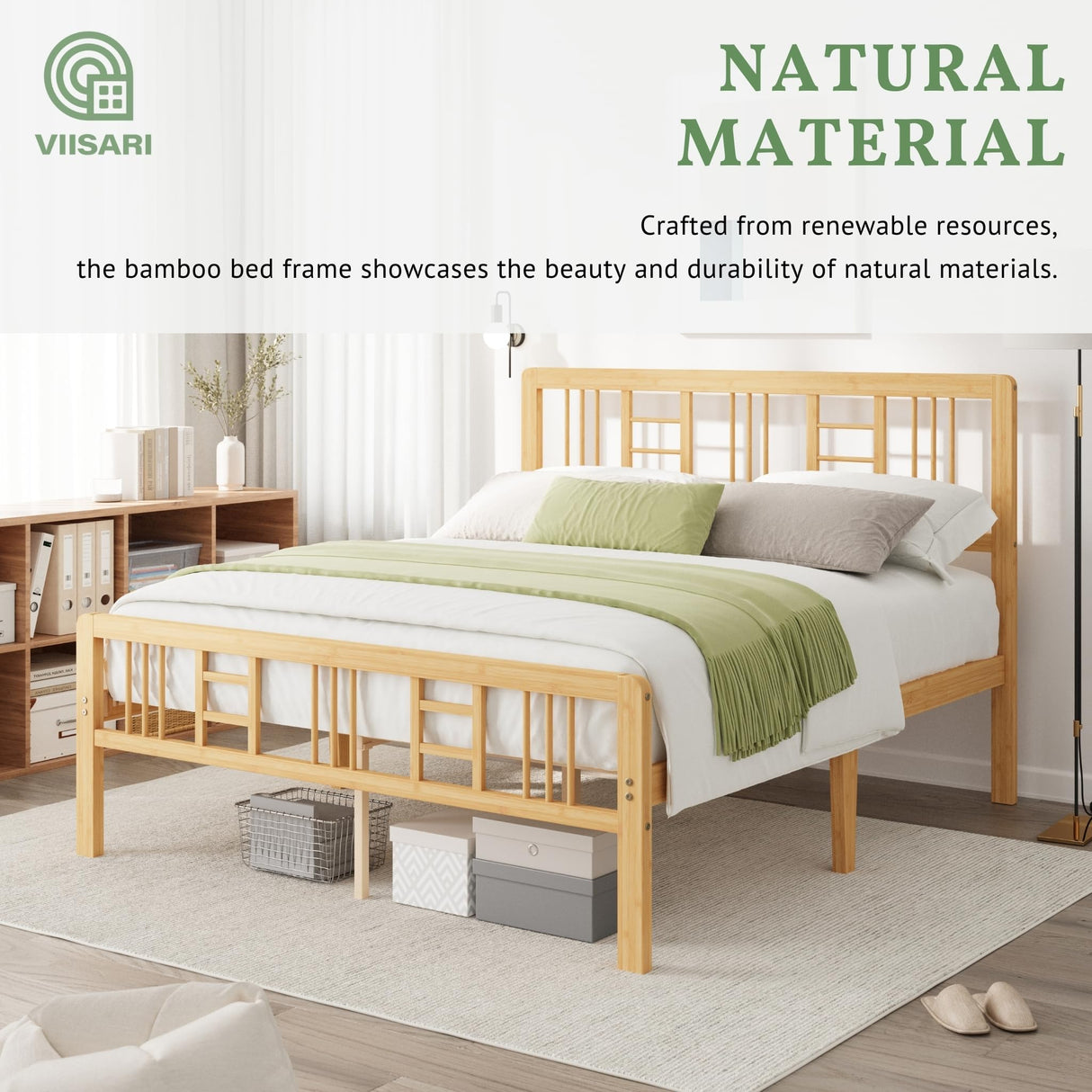 Viisari Bamboo Wood Bed Frame Full with Headboard and Footboard, 14 Inch Platform Full Size Bed Frame with Steel Slats, Solid Foundation, Easy Assembly, Ample Under-Bed Storage, Noise-Free Viisari
