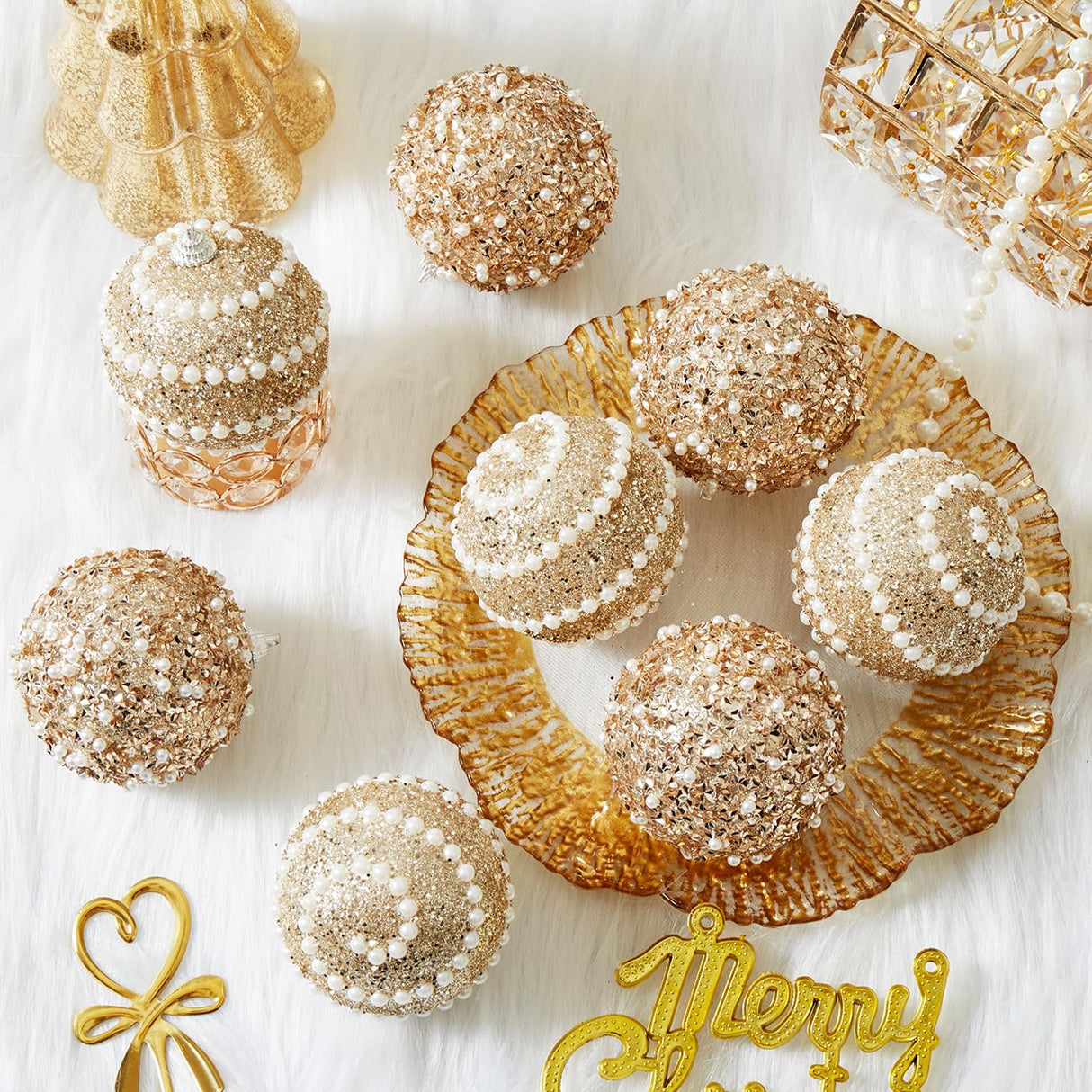 Champagne Gold Christmas Ball Ornaments,12ct Christmas Tree Shatterproof Plastic Hanging Sequin Xmas Balls for Festivals Holiday Party Decorations(70mm/2.76") Munansli