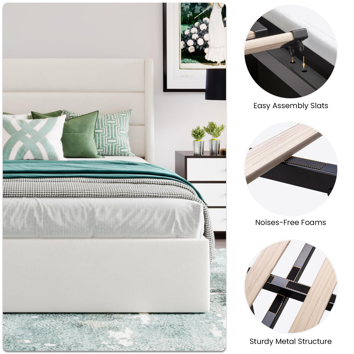 SHA CERLIN King Size Lift Up Storage Bed/Velvet Upholstered/Modern Wingback Headboard/Upholstered Platform Bed Frame/Hydraulic Storage/No Box Spring Needed/White SHA CERLIN