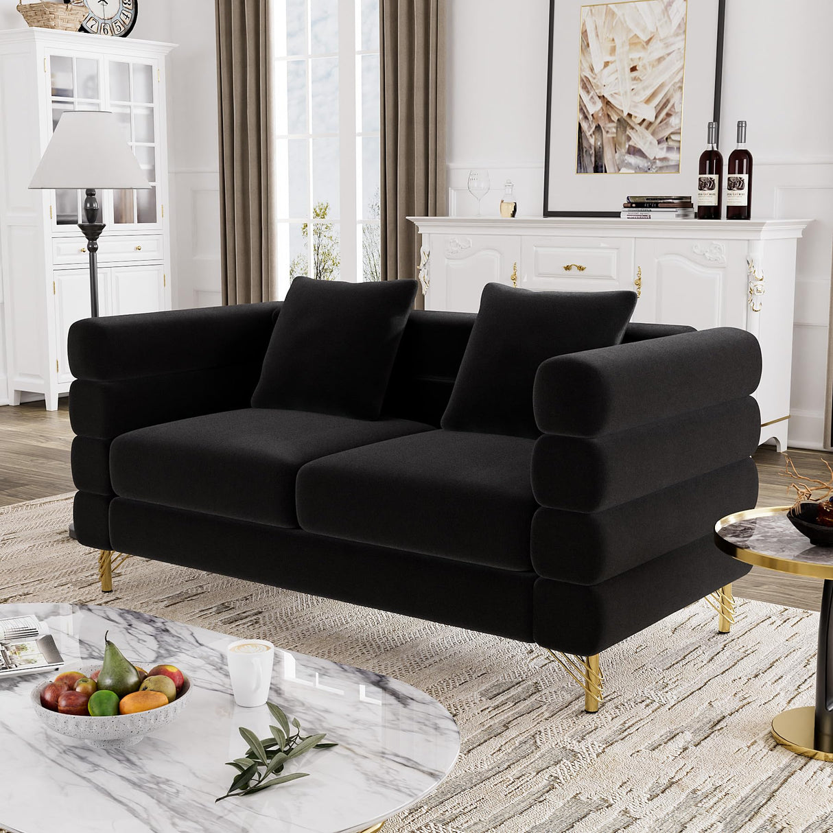 OUYESSIR Cloud Sofa Couch for Living Room, 59" Comfy Deep Seat Velvet Loveseat Sofa with 2 Pillows and Gold Legs, Modern Upholstered 2 Seater Love Seat for Bedroom Office, Dark Black Velvet OUYESSIR