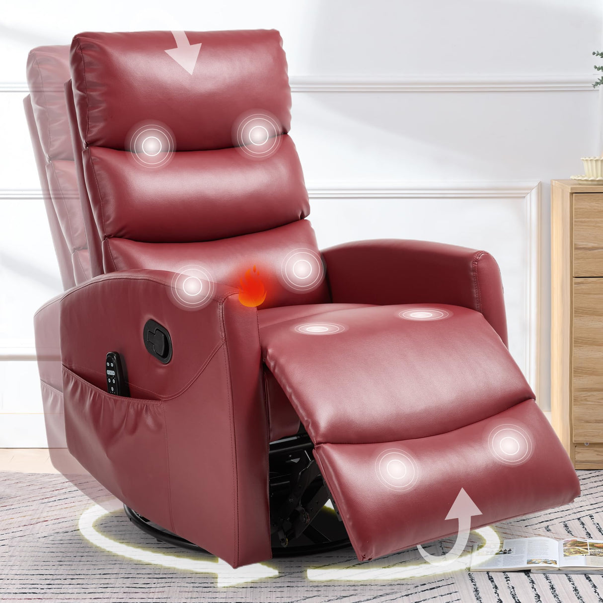 cinkehome Small Swivel Rocker Recliner Chair with Heated Massage, Upholstered Nursery Glider Recliner Chair, High Back, Side Pocket (Red PU Leather) cinkehome