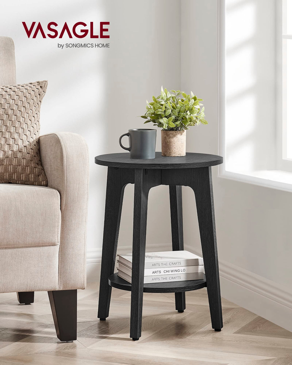VASAGLE Side Table, Small Round End Table with Lower Shelf, Nightstand for Small Spaces, Living Room, Bedroom, Charcoal Gray ULET283T22 VASAGLE