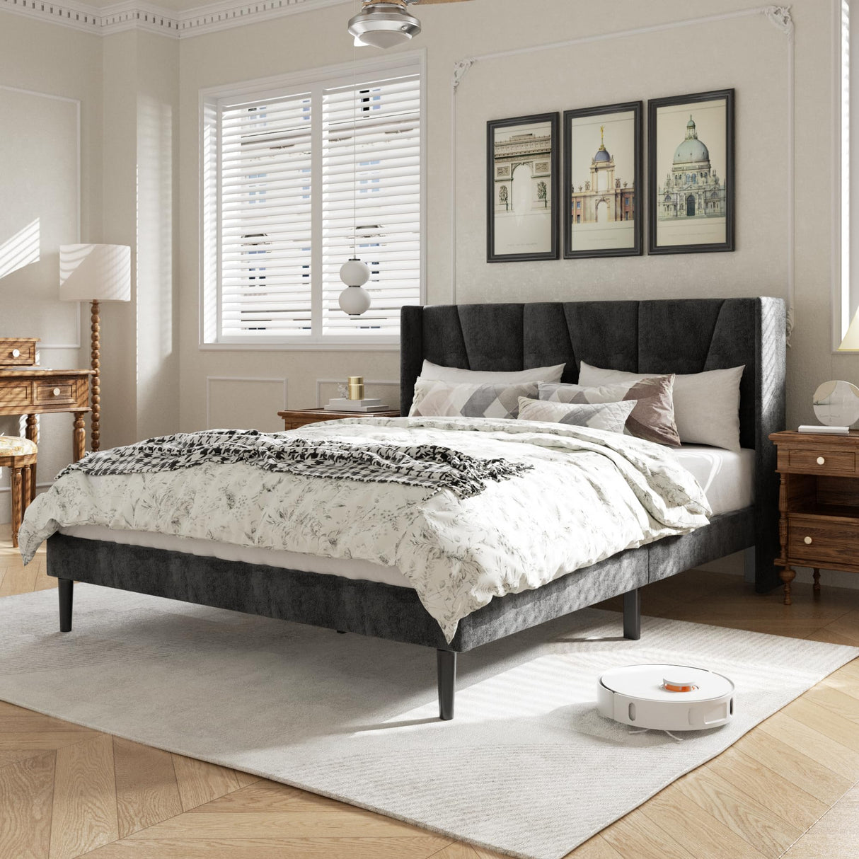 HAOARA Queen Size Bed Frame with Headboard, Velvet Upholstered Platform Bed Frames, Contemporary Mattress Foundation, Noise Free, No Box Spring Needed, Easy Assembly, Black HAOARA