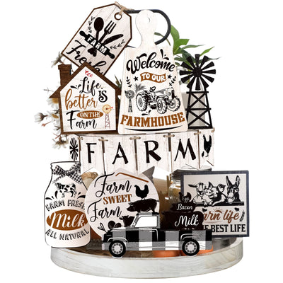 Spakon 14 Pieces Farmhouse Tiered Tray Decor Black White Buffalo Plaid Christmas Decor Wood Bead Garland with Tassel for Rustic Home Sweet Home Farmhouse Xmas Gift (Farm Style)