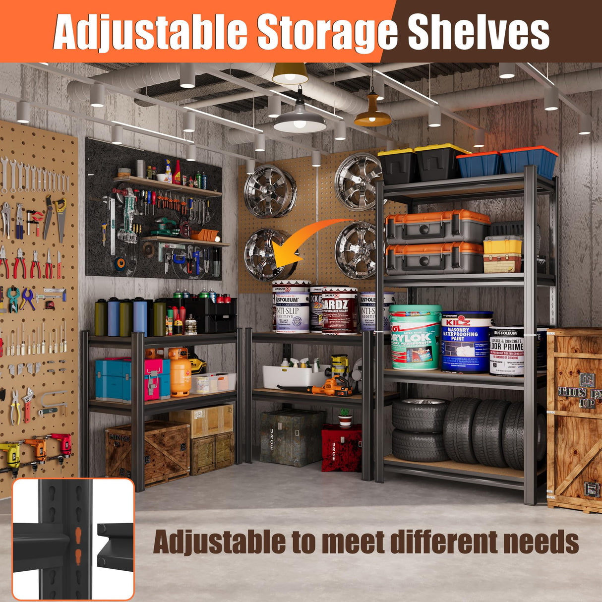 ErgoNova 4 Tier Garage Shelving Wood Storage Shelves 4000 lb Load Capacity Adjustabl Shelf Units 45.6" H*23.6" W*11.8" D Metal Shelving Suitable for Basement Warehouse Pantry,Black ErgoNova