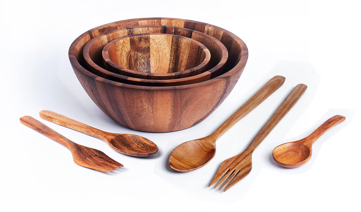 BestySuperStore Nesting Round Wood Bowls Mix Size 9½”, 8½”, 7” Stackable Acacia Wooden Bowl Set with Spoons and Forks for salad dip sauce snack rice pasta soup fruit cereal Tableware Nested Dish Sets BestySuperStore