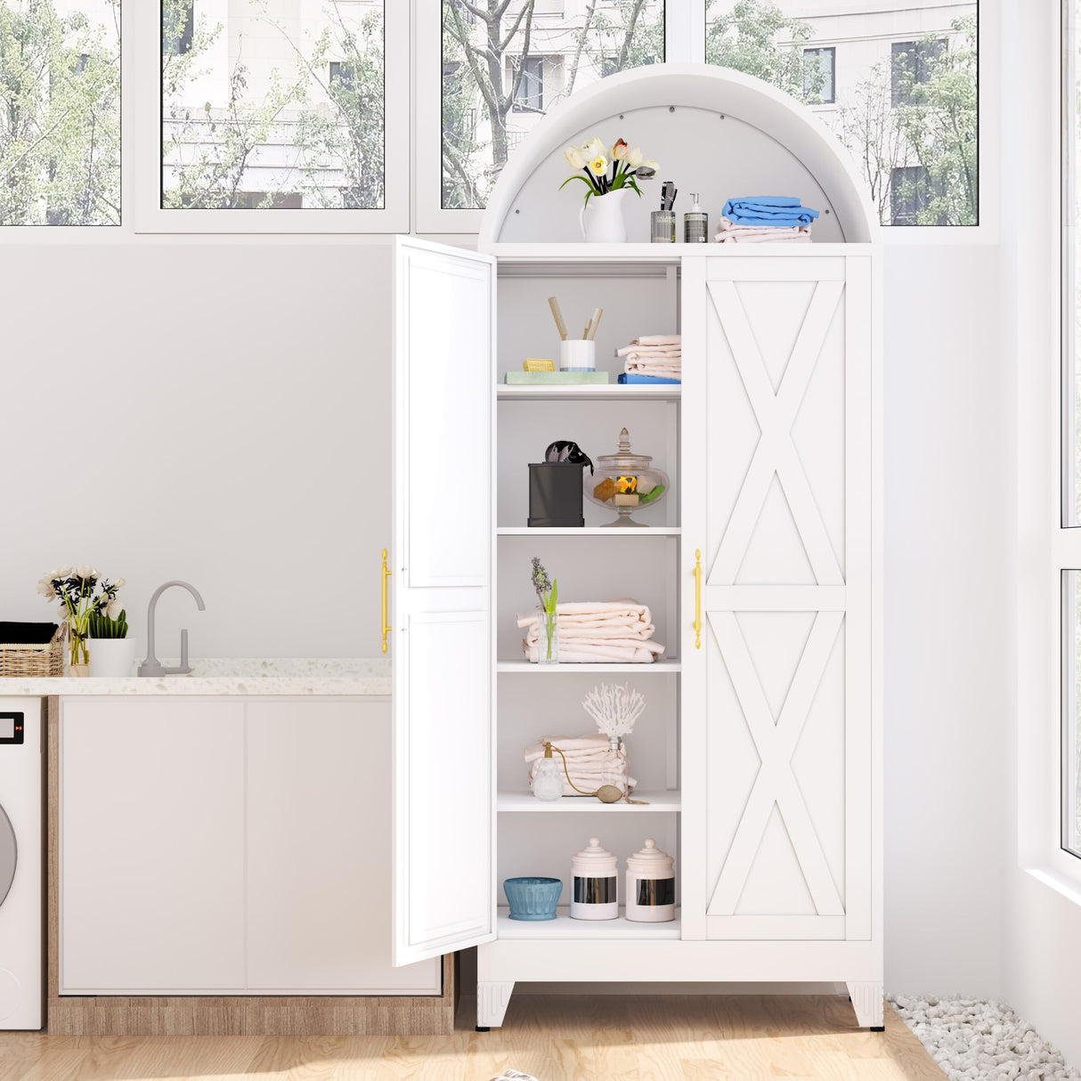 GAIOUS 73" Tall Metal Arched Kitchen Pantry Cabinet, Modern Farmhouse Storage Cabinets with 2 Doors & 4 Adjustable Shelves, 6-Tier Cupboard with Open Storage Area, Versatile Bookcase/Hutch-White GAIOUS