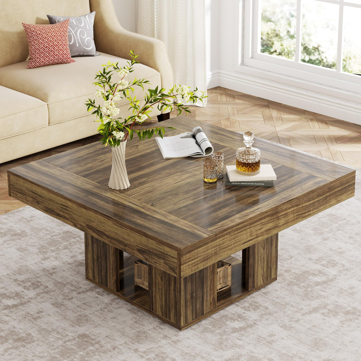 Tribesigns 35" Square Coffee Table, Farmhouse Center Table with 2-Tier Storage, Rustic Wood Cocktail Table Perfect for Living Room, Reception Room, Brown Tribesigns