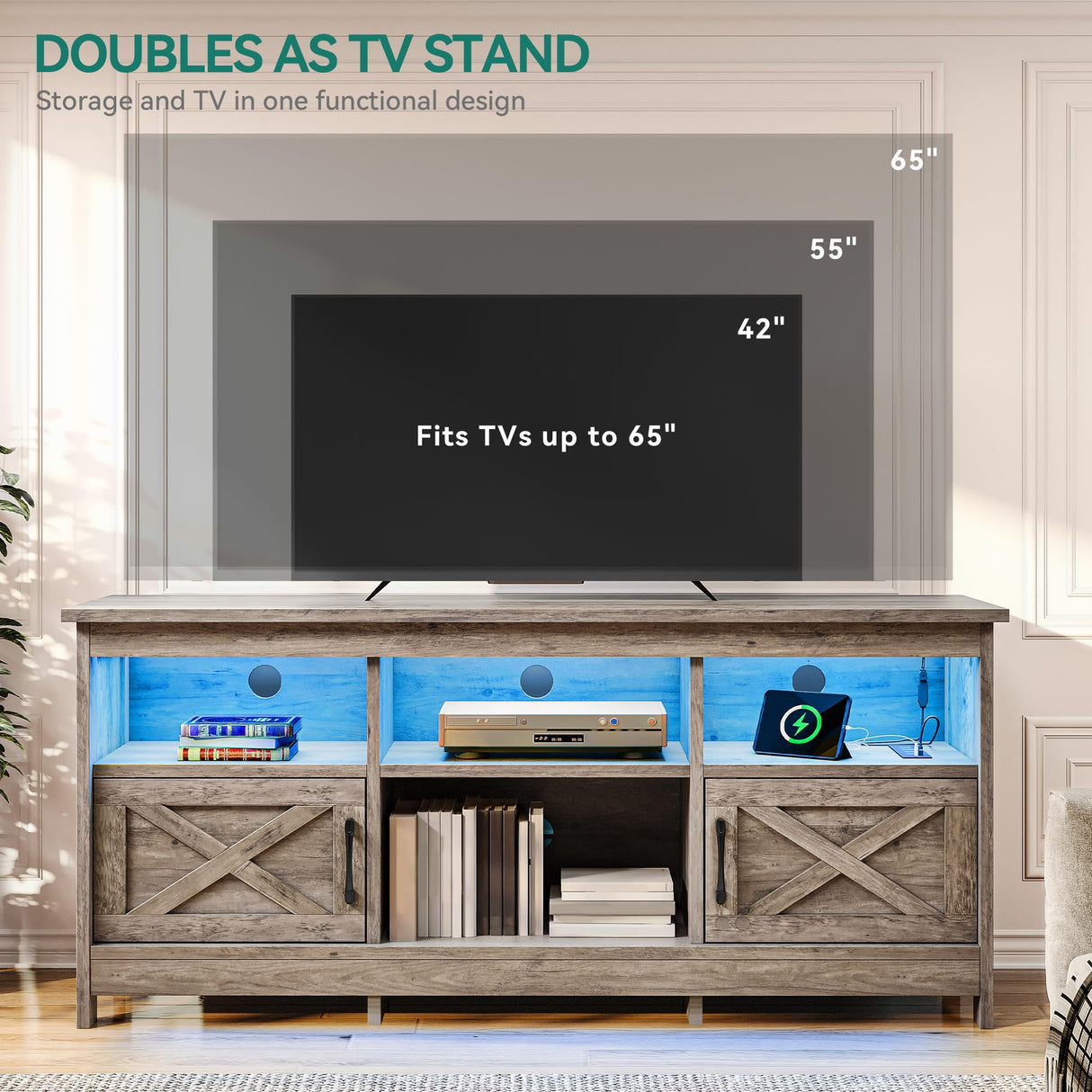 YITAHOME TV Stand for 65 Inch TVs, Entertainment Center with Storage Cabinets, Power Outlet & LED Light, Media Console Living Room Furniture, Washed Gray YITAHOME
