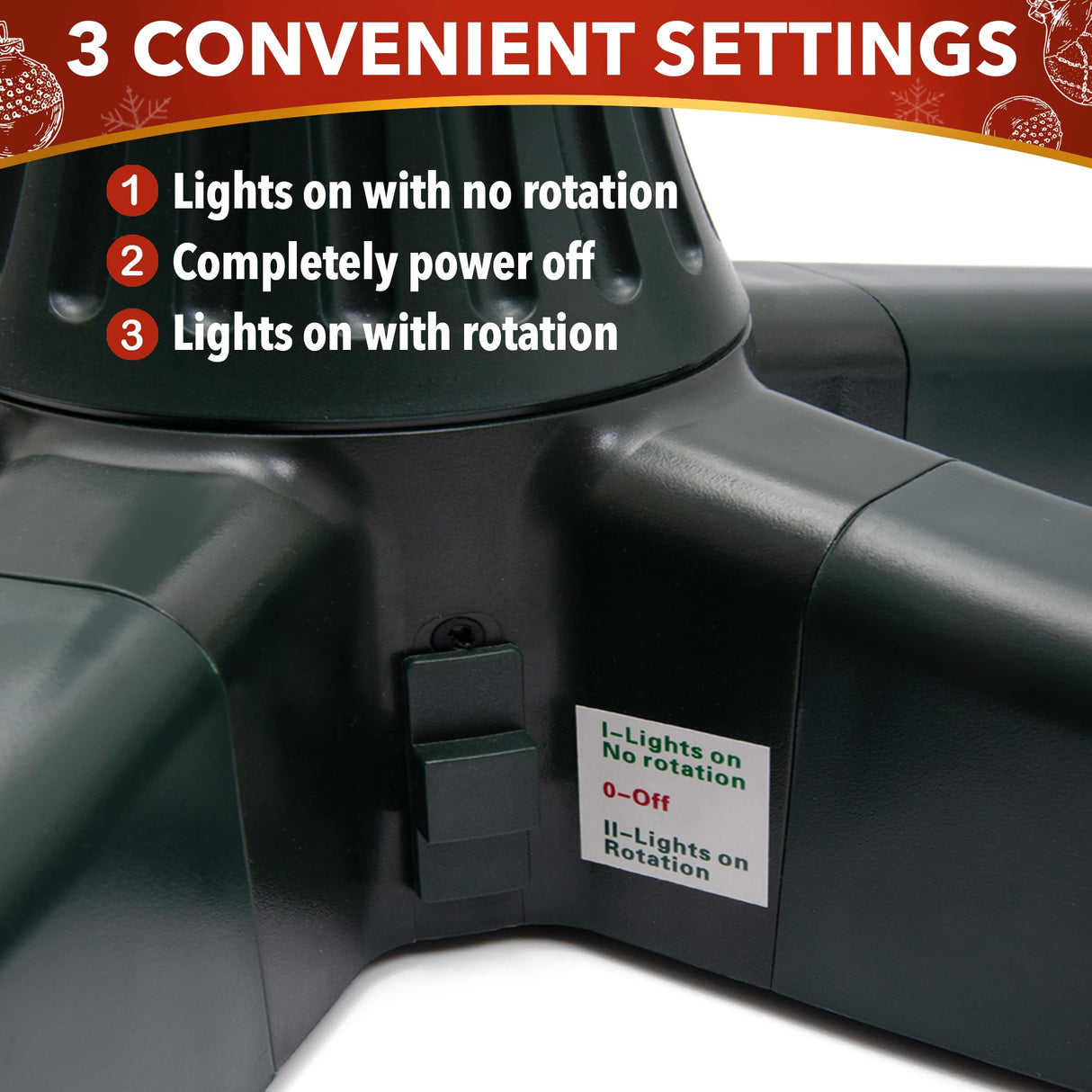 Stephan Roberts Rotating Christmas Tree Stand with 360° Rotation, 5 Legs, 3 Power Outlets, 3 Adjustable Size Attachments, 3-Setting Switch – Stable & Durable Holiday Tree Base (Green) Stephan Roberts