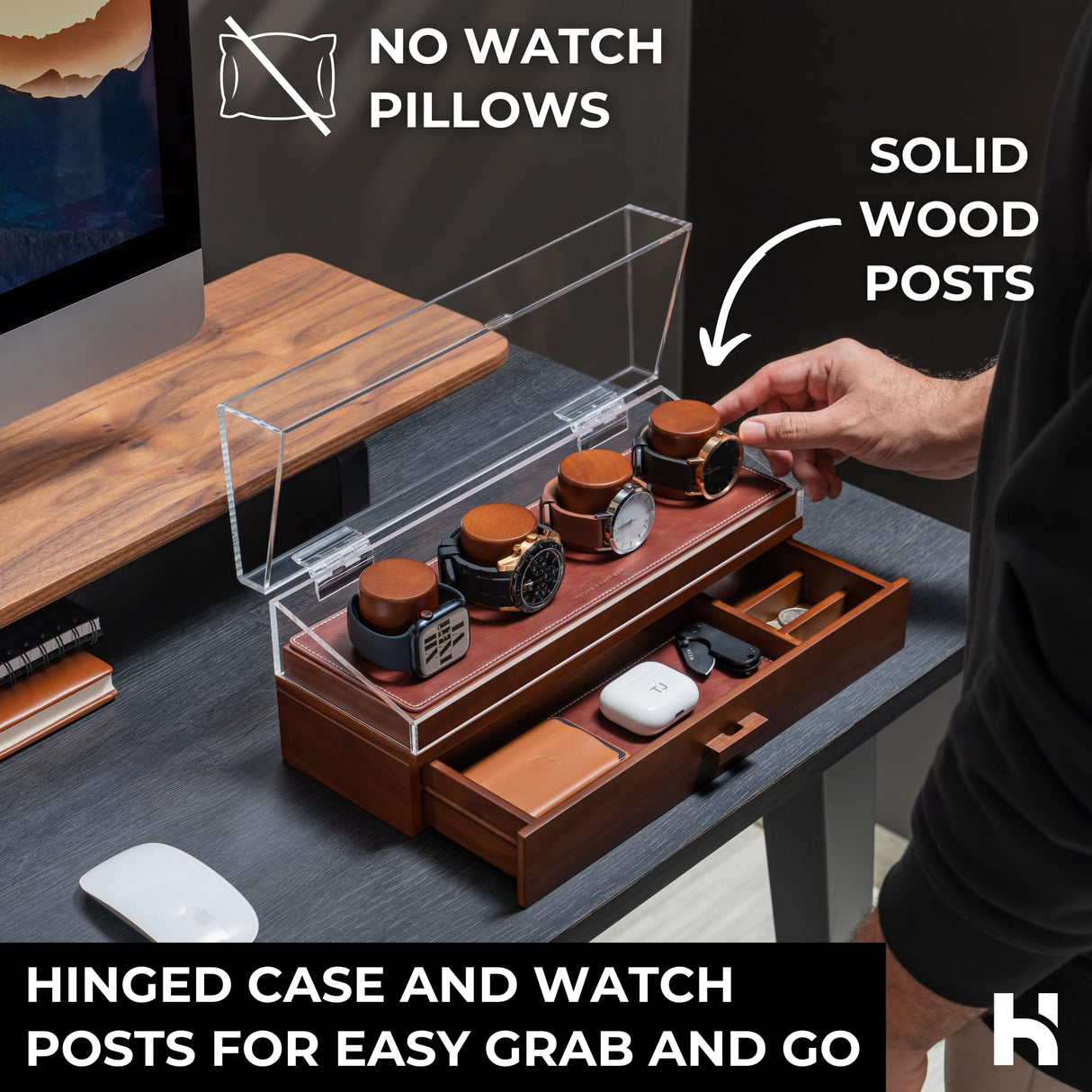 Holme & Hadfield Premium 4-Slot Wooden Watch Display Case – Handcrafted Men’s Watch Box with Accessory Drawer, Hinged Cover, Leather Lining – Father's Day Gift for Collectors – Luxury Built to Last Holme & Hadfield