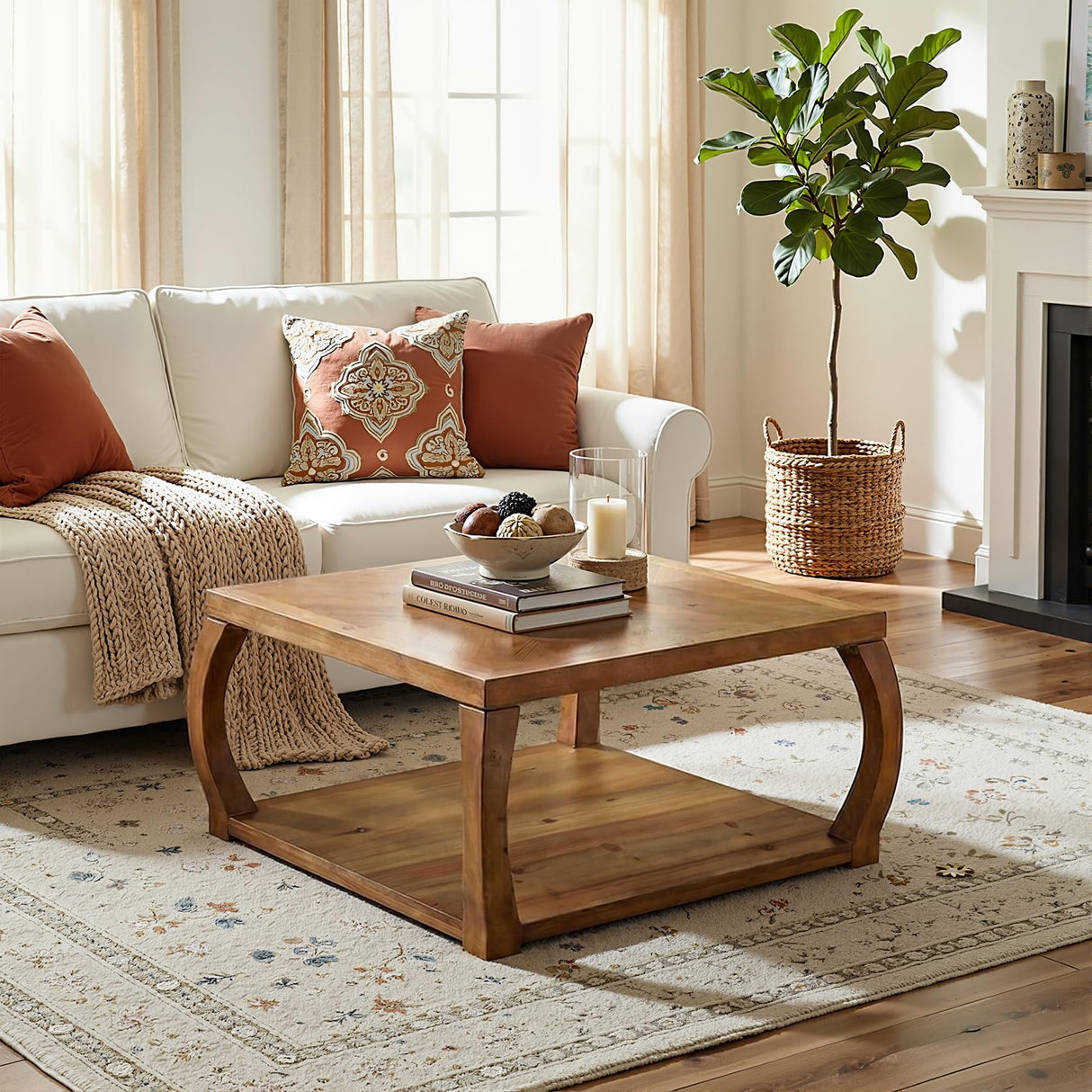 TRIBEWOOD 31.49“ Square Solid Wood Coffee Table, Farmhouse Center Table with Storage, Accent Cocktail Table for Living Room, Brown TRIBEWOOD