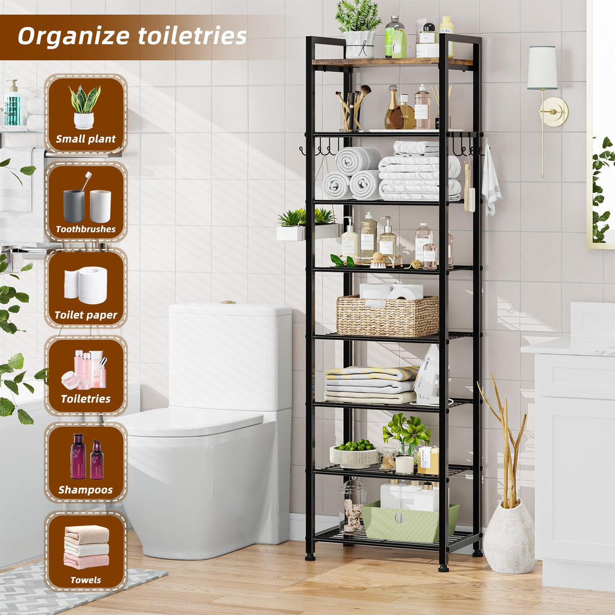 Simple Trending 8 Tiers Shoe Rack 16 Pairs Tall Wooden Plank Shoe Shelf with Hooks for Closet Entryway Organizer Sturdy Free Standing Shoe Storage Cabinet,Black Simple Trending