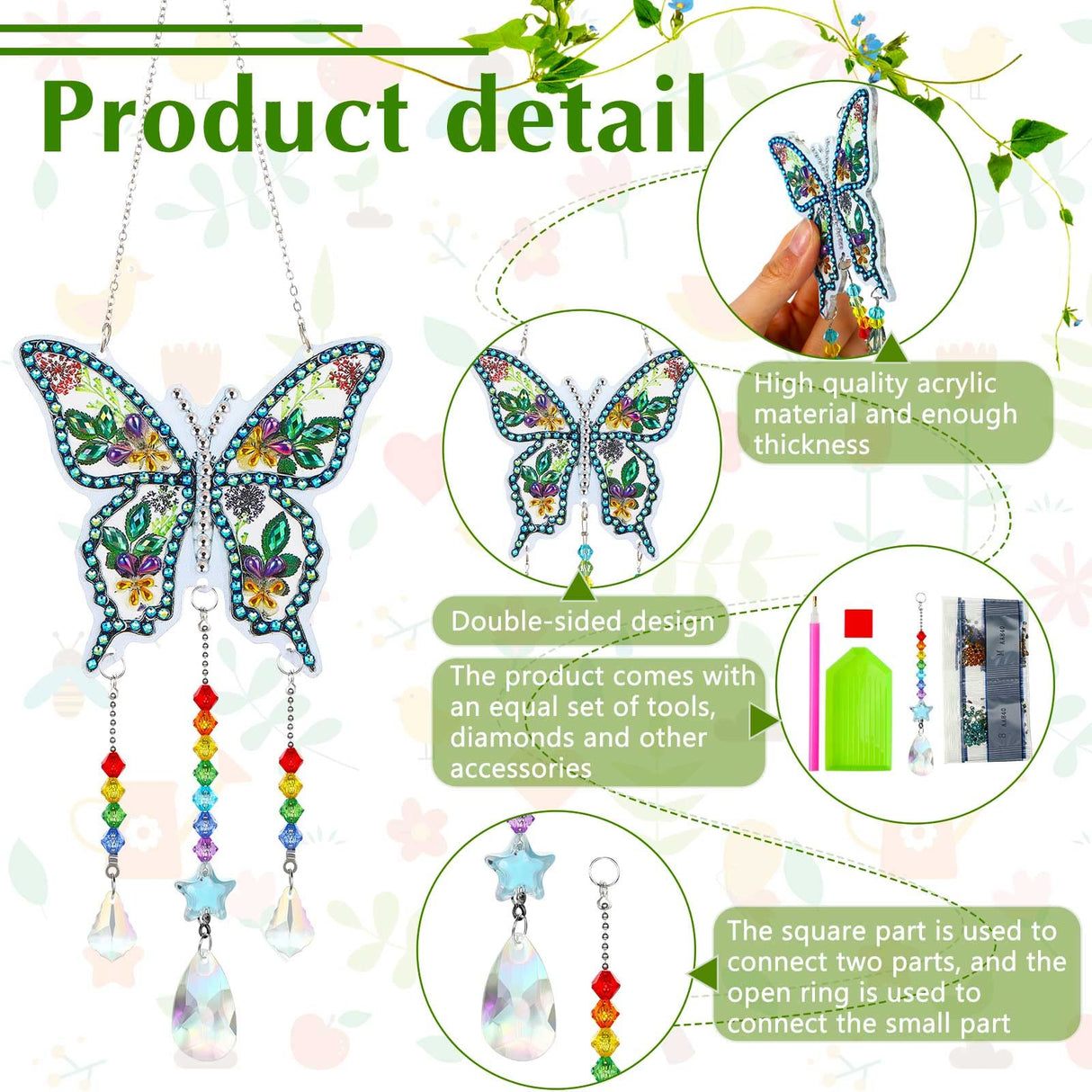 Jetec 3 Pieces Diamond Art Kits Painting Suncatcher Wind Chime Double Sided Crystal Gem Paint by Number Hanging Ornament for Adults DIY Window Home Garden(Dragonfly, Butterfly, Hummingbird) Jetec