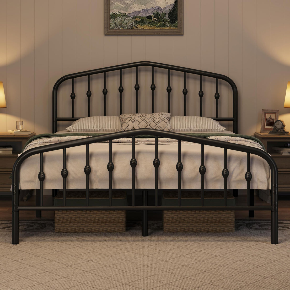 Elegant Victorian-Style Black Metal Queen Bed Frame with Crown Headboard and Easy Assembly Yaheetech