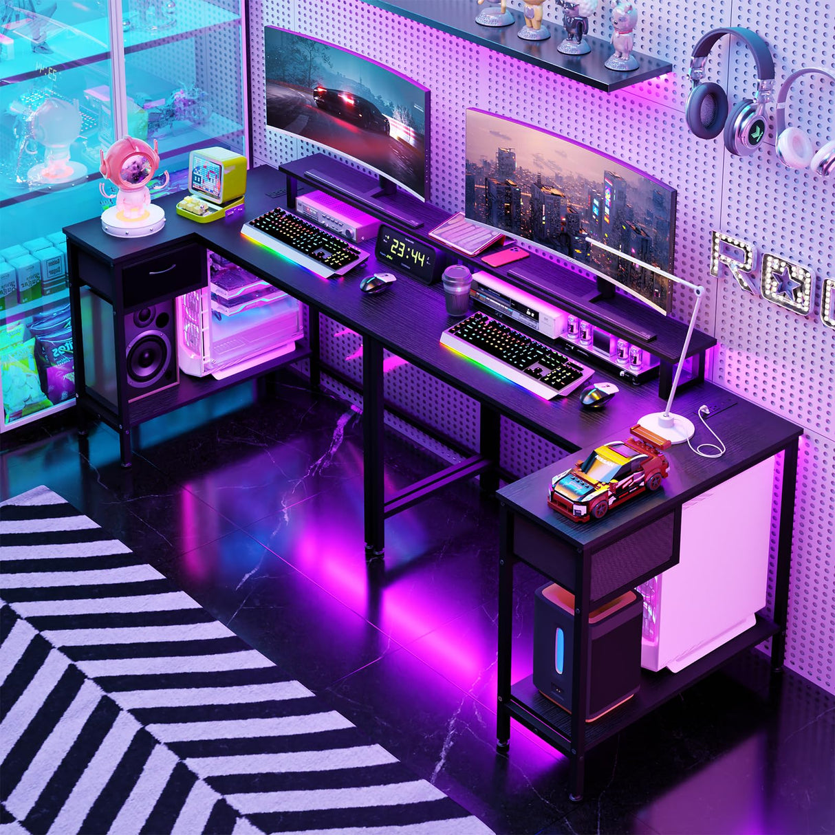 Fixwal L Shaped Gaming Desk with Power Outlets and LED Lights, 43 Inch Computer Desk with Charging Port, Small Corner Desk Table with Drawer and Shelf, Home Office Desk with Monitor Stand, Black Fixwal