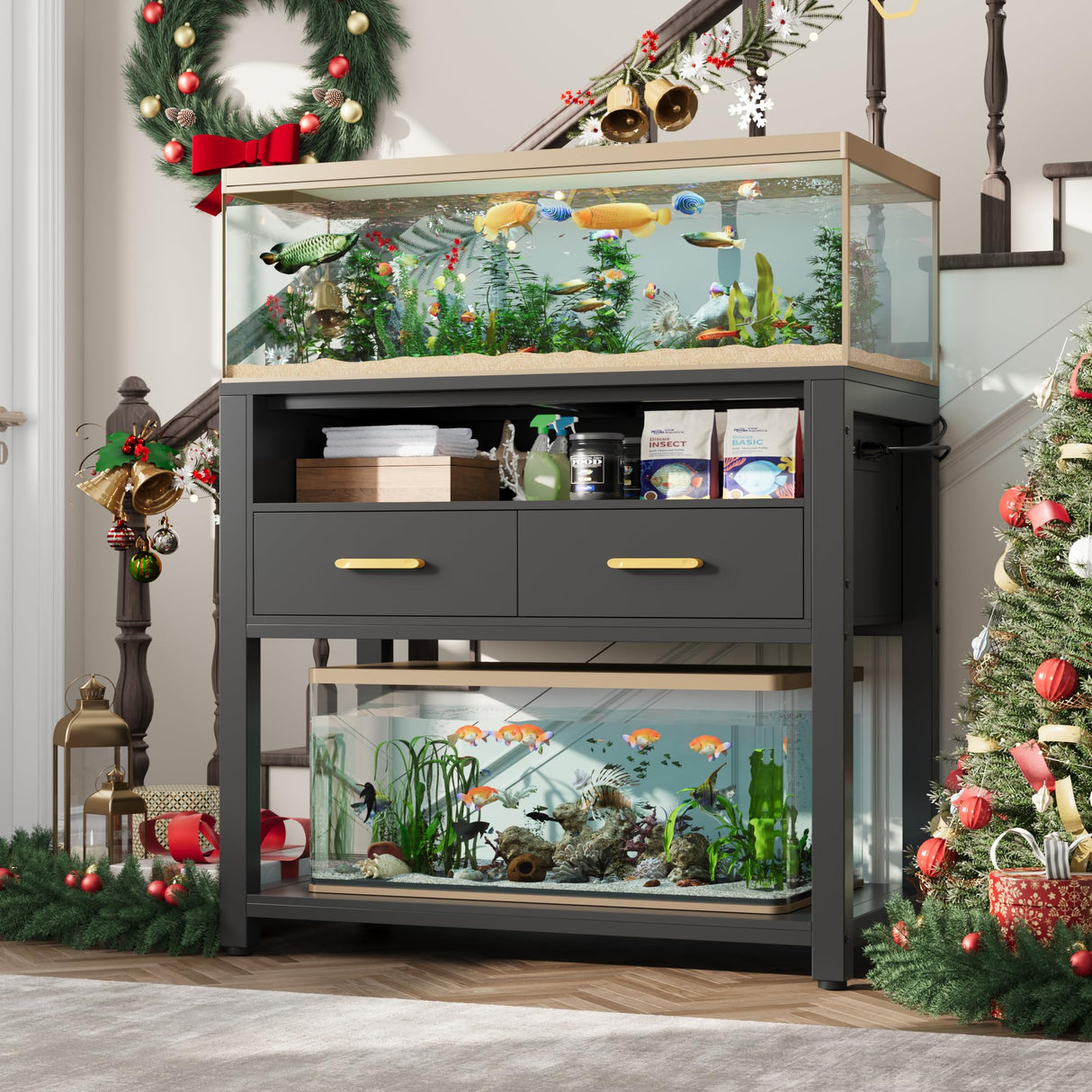 40-50 Gallon Aquarium Stand with Stable Metal Frame & Power Outlet, Heavy-Duty Fish Tank Stand with Waterproof Mat, 800LBS Capacity Storage Cabinet, Suitable for Turtle Tank, Reptile Terrarium, Black EOSVALO