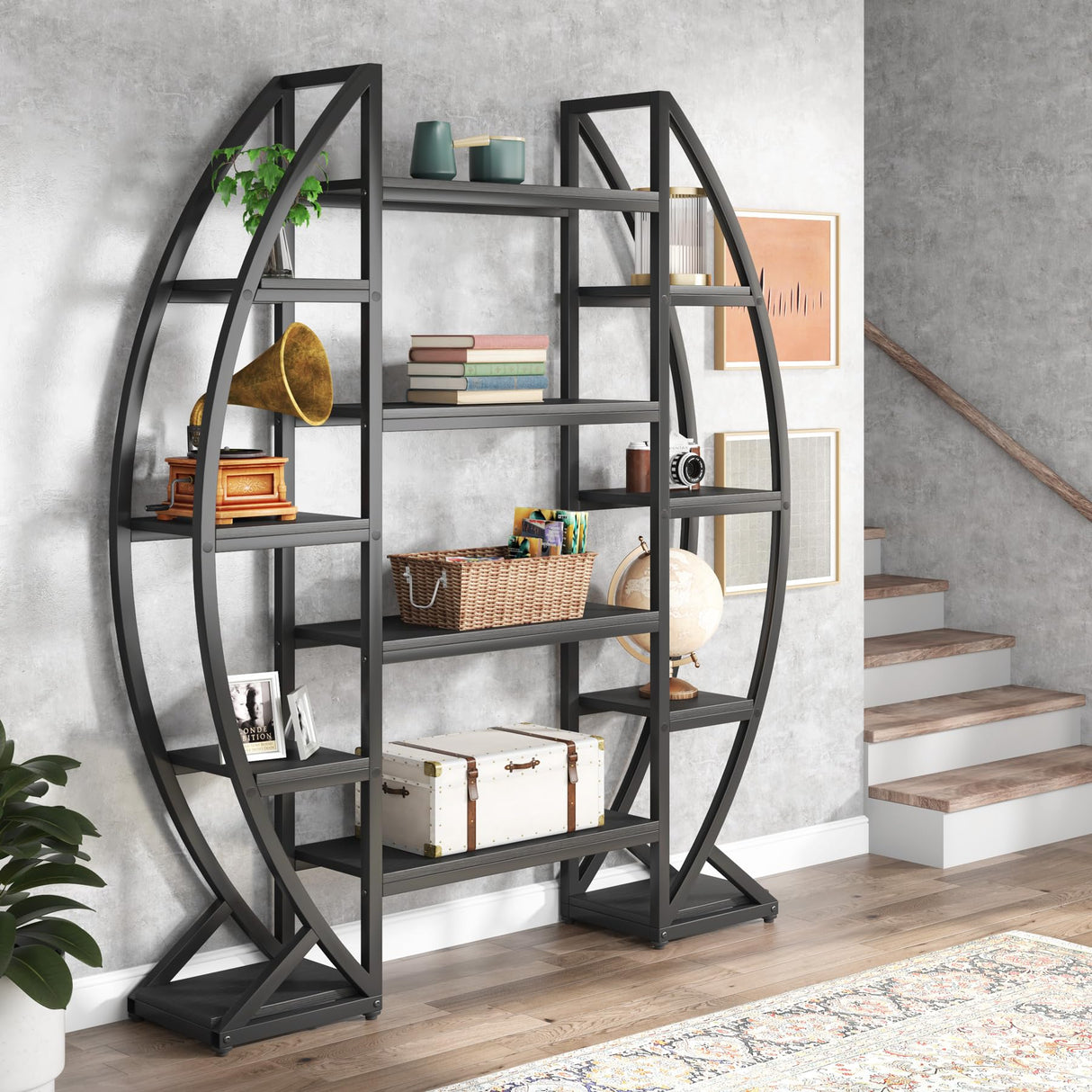 Tribesigns Oval Bookshelf, Triple Wide 5 Tiers Etagere Bookcases, Industrial Display Shelves for Living Room (55", Black) Tribesigns