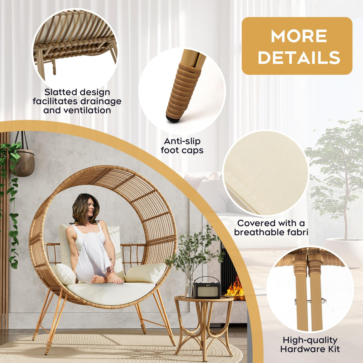Yechen Egg Chair Outdoor, Oversized Wicker Patio Chairs with 350LBS Capacity, Rattan Porch Chair, 6.69'' Cushions for Living Room, Bedroom, Garden, Round Nest Chairs with Steel Stands Easy Assembly Yechen