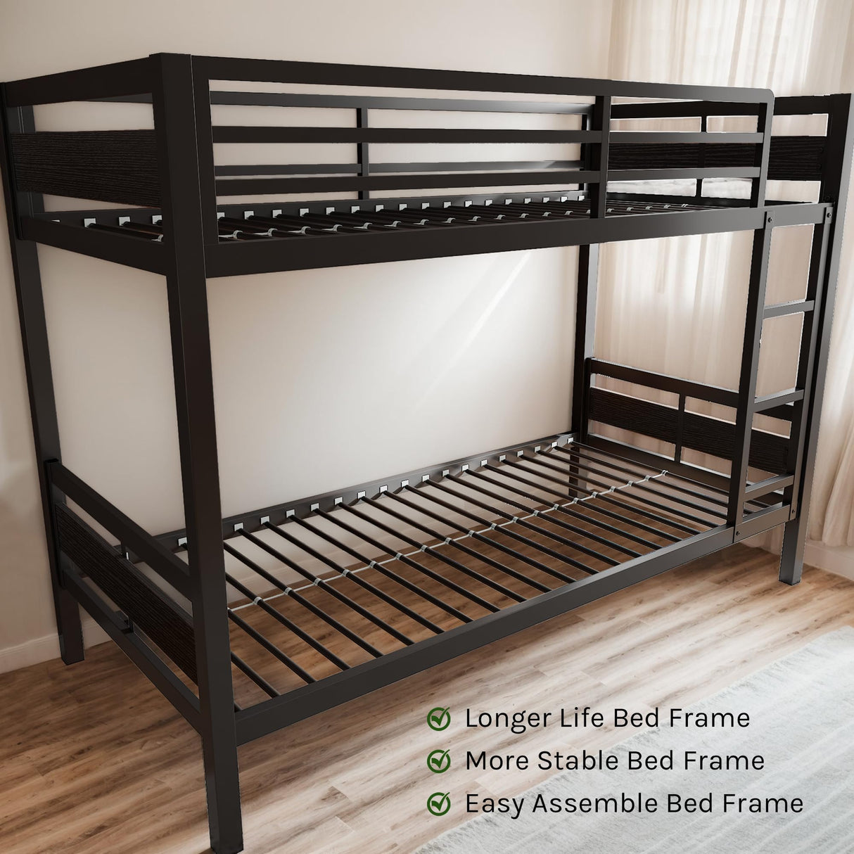 nesture. Bunk Bed Twin Over Twin, Heavy Duty Metal Bunkbeds with Full-Length Guardrail, Space-Saving Steel Bed for Kids & Adults, No Box Spring Required, Black nesture.