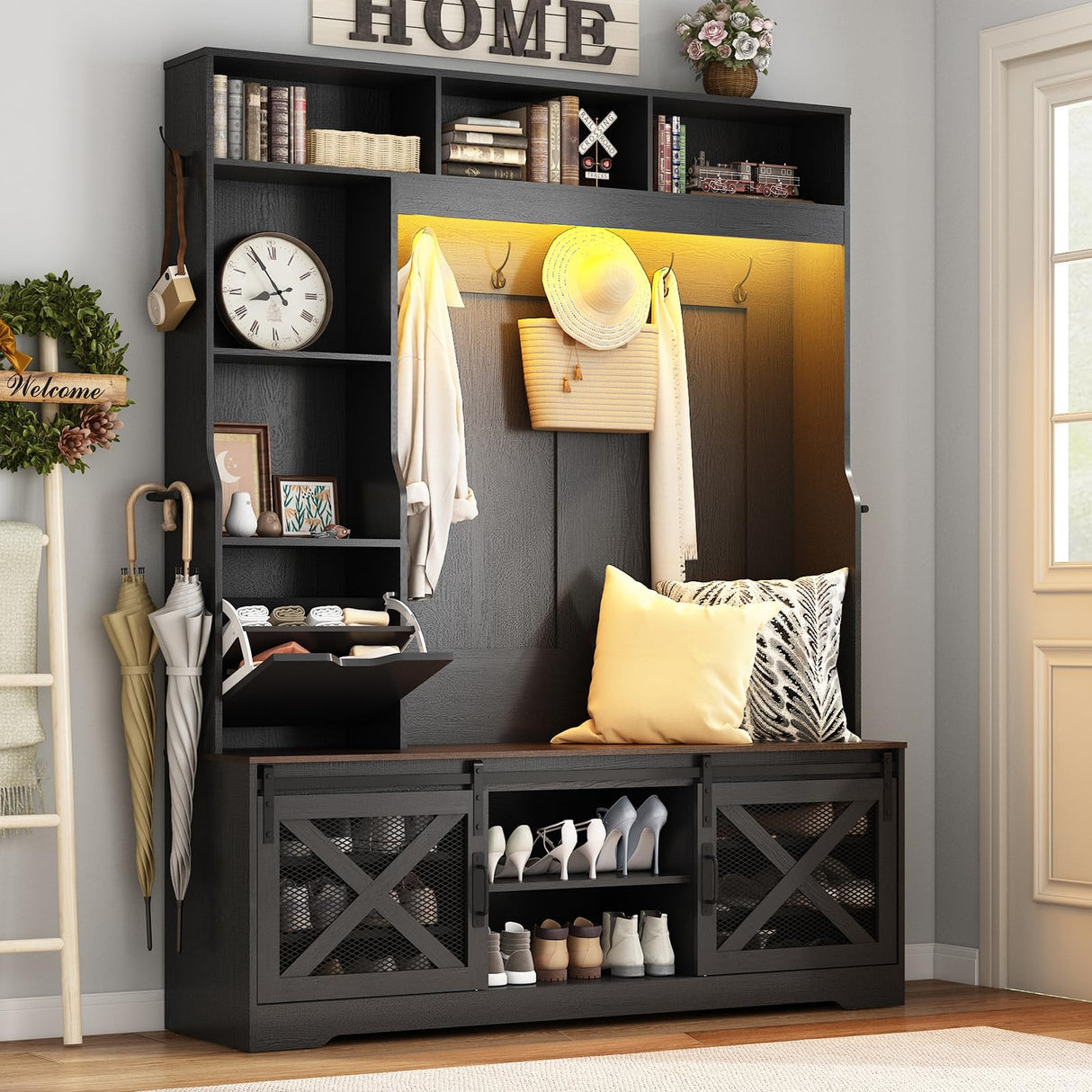 75''H LED Farmhouse Hall Tree with Bench and Shoe Storage,Entryway Bench with Coat Rack,16 Shoe Cubbies & Umbrella Holder and Sock Storage Drawer,Mudroom/Hallway Storages Cabinet(black) chartustriable