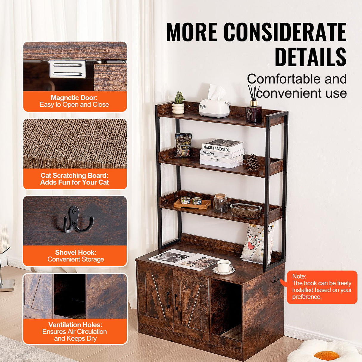 VEVOR Cat Litter Box Enclosure, Hidden Litter Box Furniture with 3 Storage Shelves, Wooden Cat Washroom Indoor, Large Cat House Cabinet Hidden Fit Most Litter Box, 33.5"L x 19.3"W x 58.7"H, Dark Brown VEVOR