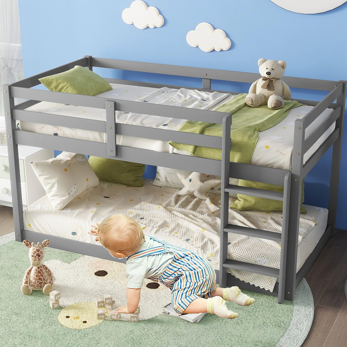 Mirightone Bunk Bed Twin Over Twin, Floor Bunk Bed with Ladder, Solid Wood Low Twin Bunk Beds for Kids Teens, Ideal for Multiple-Child Family, Apartment, Dormitory, No Box Spring Needed,Grey Mirightone