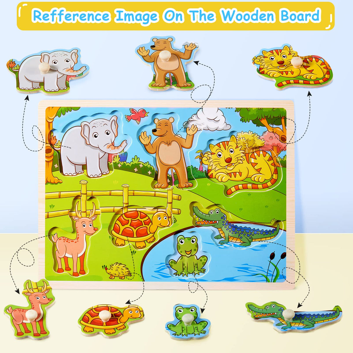 10 Pack Wooden Peg Puzzles for Toddlers Toddler Puzzle Jigsaw Learning Puzzles for Kids Wood Knob Puzzle with Alphabet Number Animal Vehicle Shape Chivao