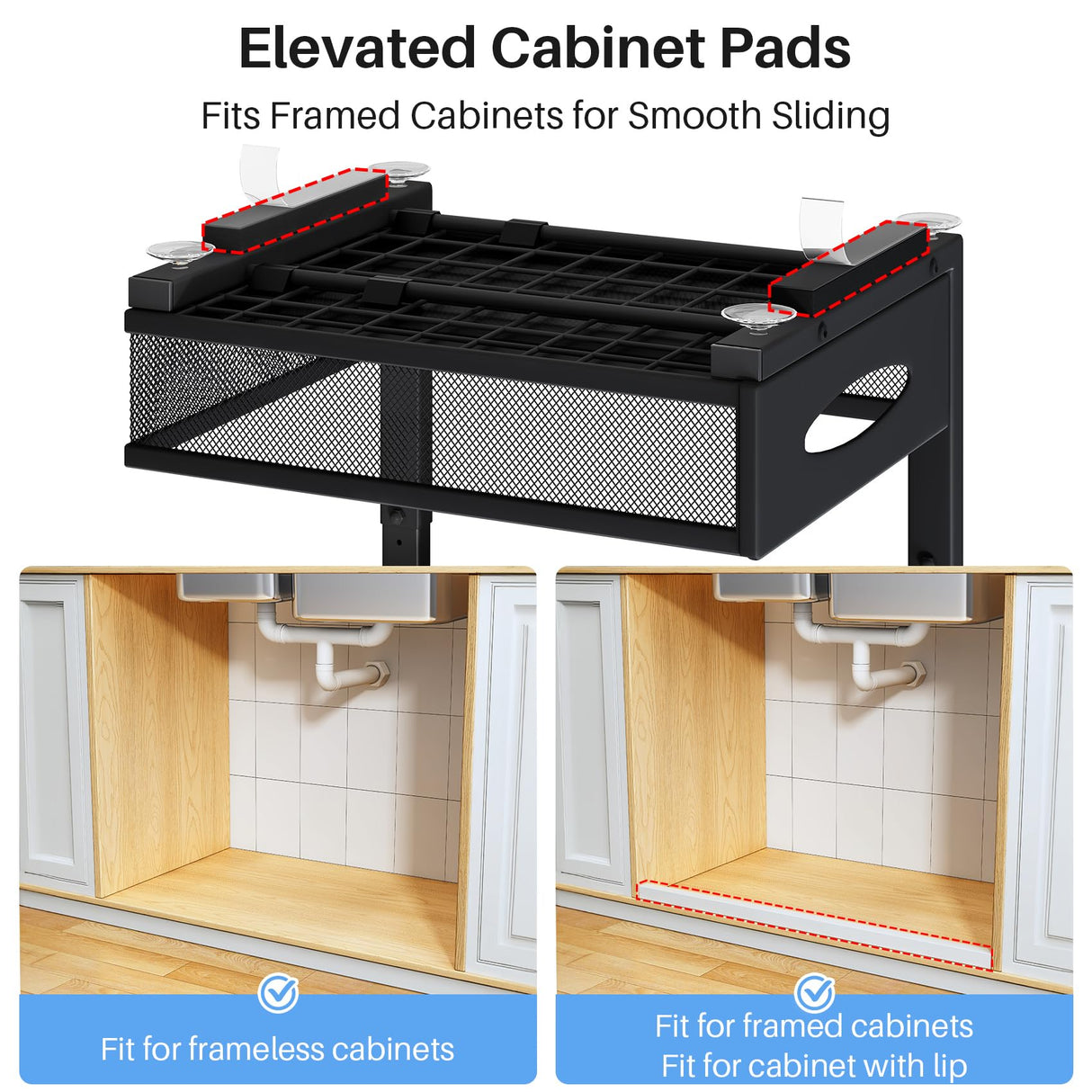 Under Sink Organizer, 2 Pack 2 Tier Pull Out Under Cabinet Organizer Shelf with Pad for Framed Cabinets, Metal Slide Out Under Sink Storage, Mesh Sliding Drawers for Kitchen Bathroom Laundry, Black PXRACK