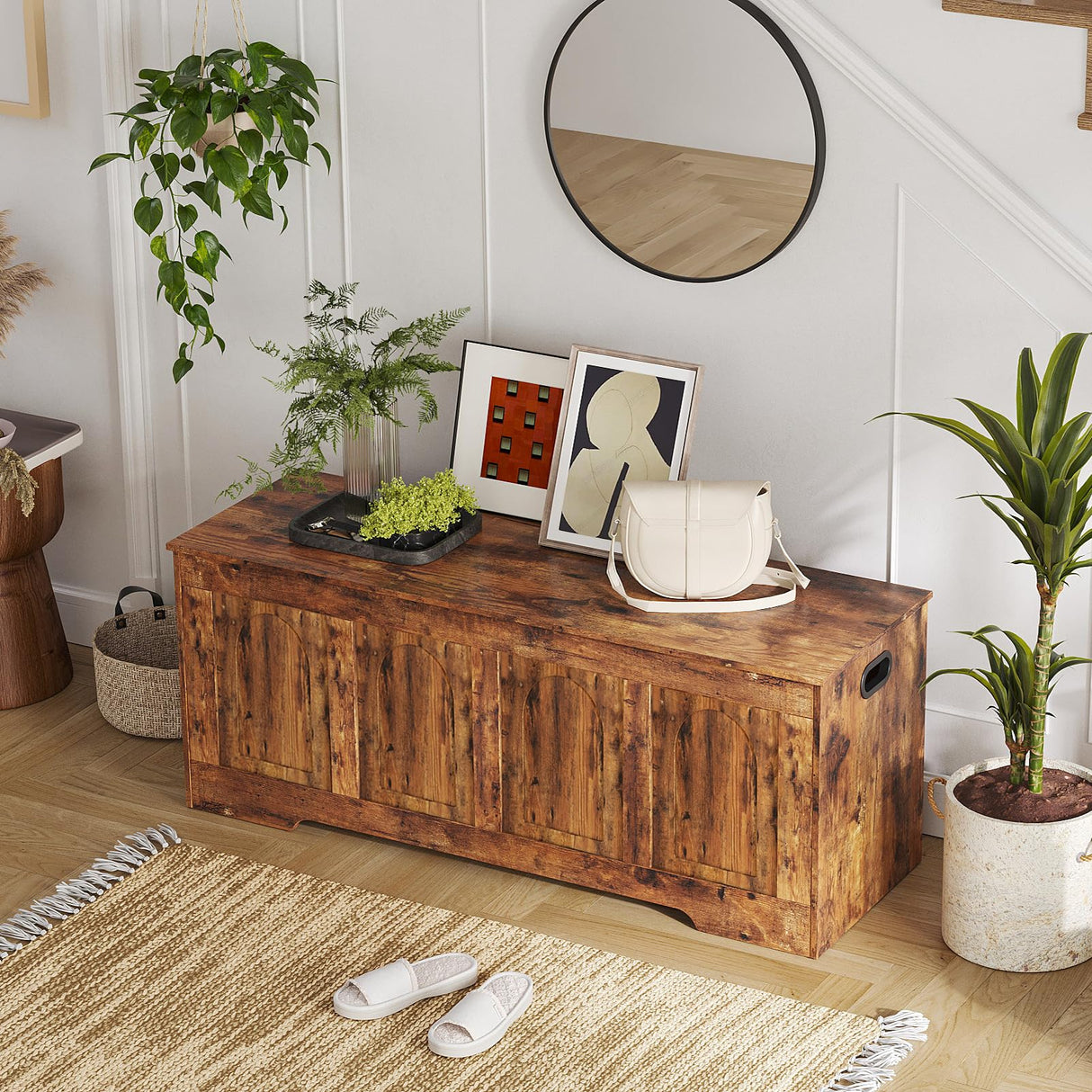 DINZI LVJ Storage Chest, 47.2”Wooden Storage Box with 2 Safety Hinges, Entryway Shoe Bench with Flip-Top, Large Trunk for Living Room, Bedroom, Easy Assembly, Rustic Brown DINZI LVJ