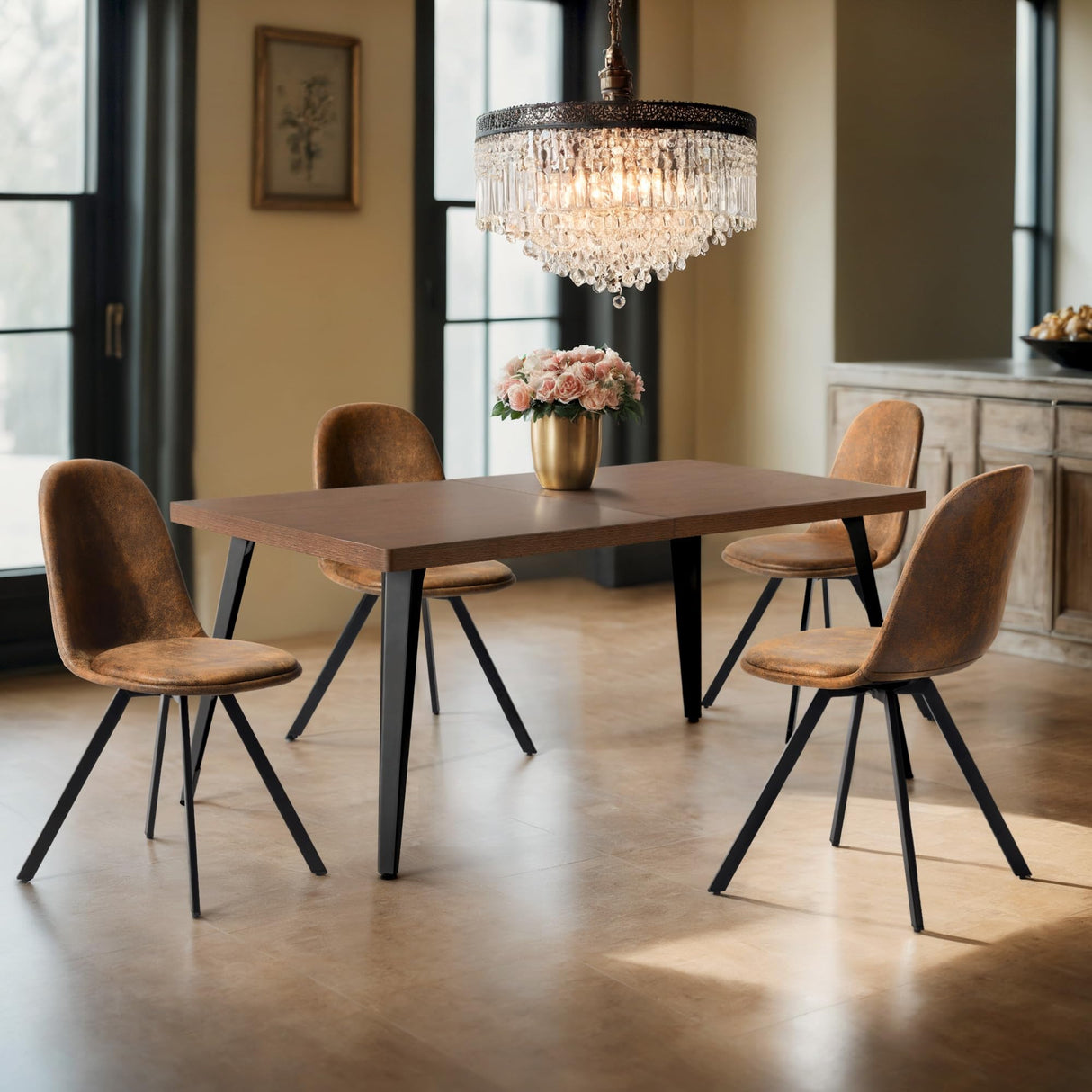 HomyCasa 5-Piece Mid-Century Dining Set, 63" Rectangular Table & 4 Swivel Upholstered Chairs (Fabric/Suede), Sturdy Metal Frame, Perfect for Kitchen, Dining Room, Office, or Restaurant (Brown & Brown) Homy Casa