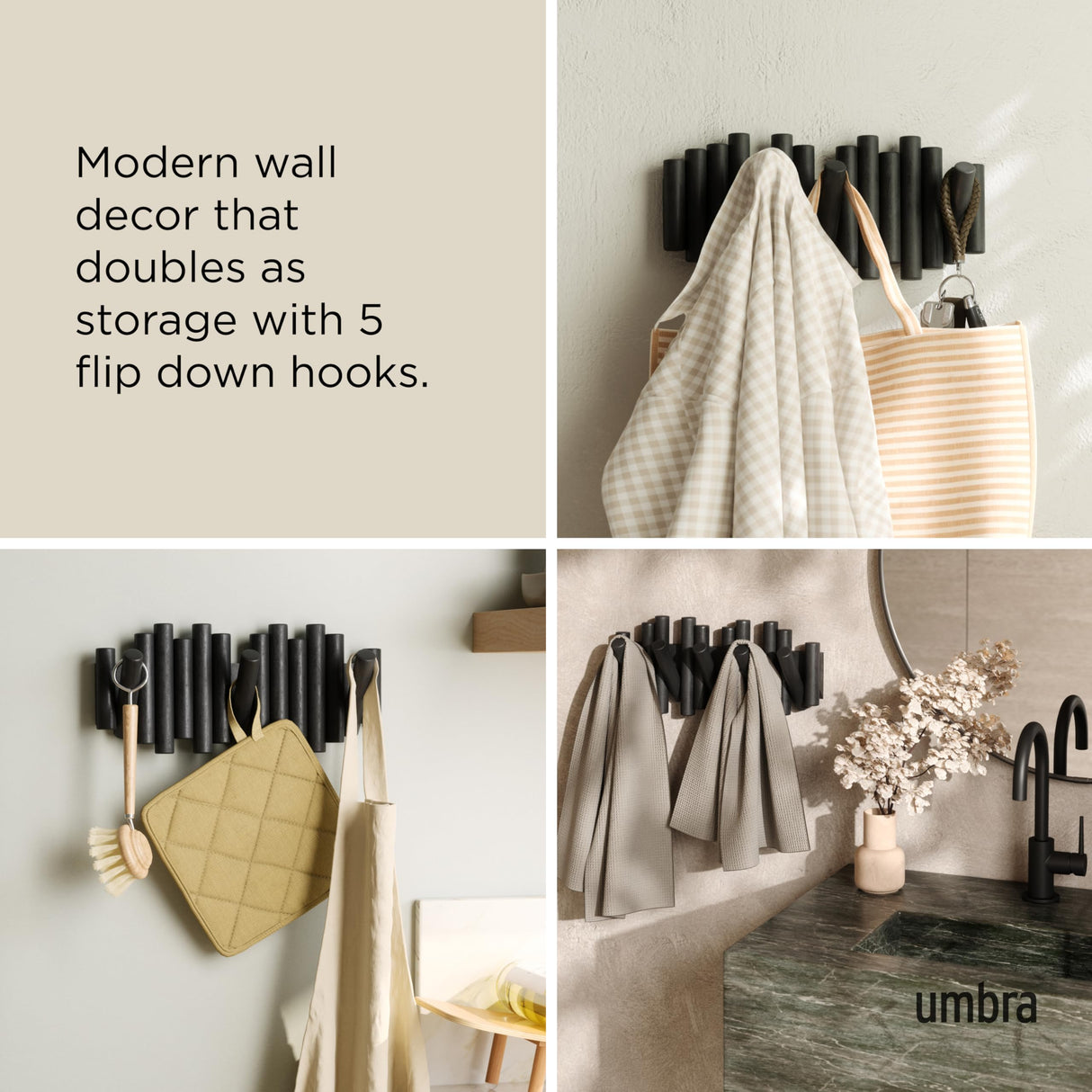 Umbra Picket Wall-Mounted Coat Rack Rail Hook with 5 Retractable Wood Pegs – Modern, Space-Saving Storage Organizer, Black Umbra