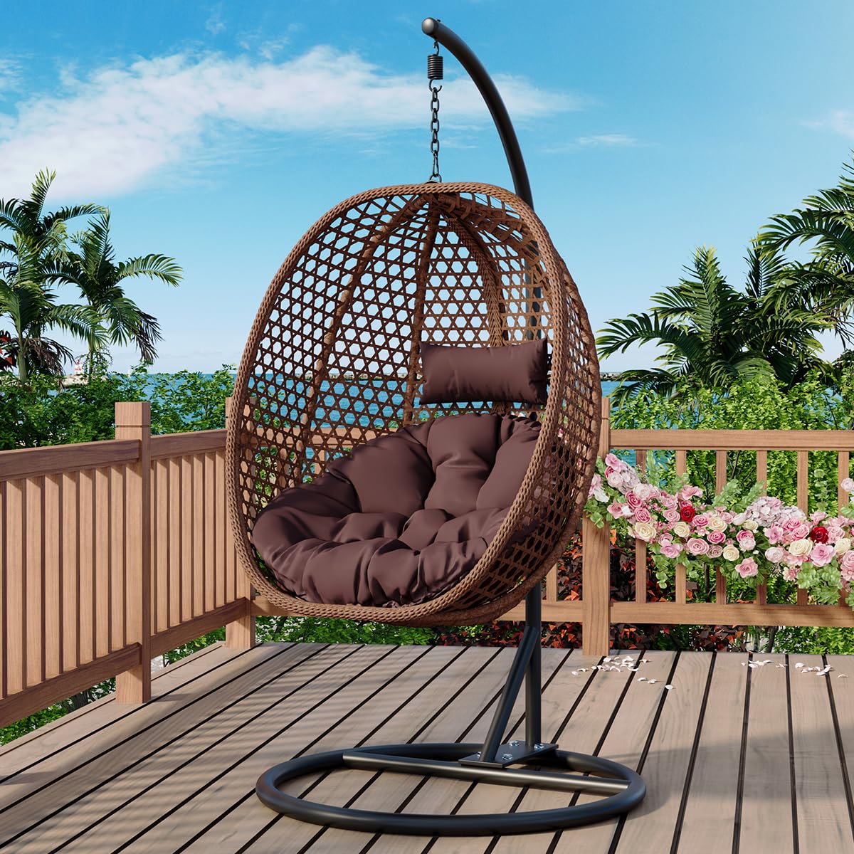 JUFU Egg Swing Chair with Stand,Hanging Egg Chair Indoor Outdoor,Hammock Hanging Basket Chair with Aluminum Steel Frame,Patio Egg Chair with Removable Cushions for Patio Balcony Backyard,Bedrooms JUFU