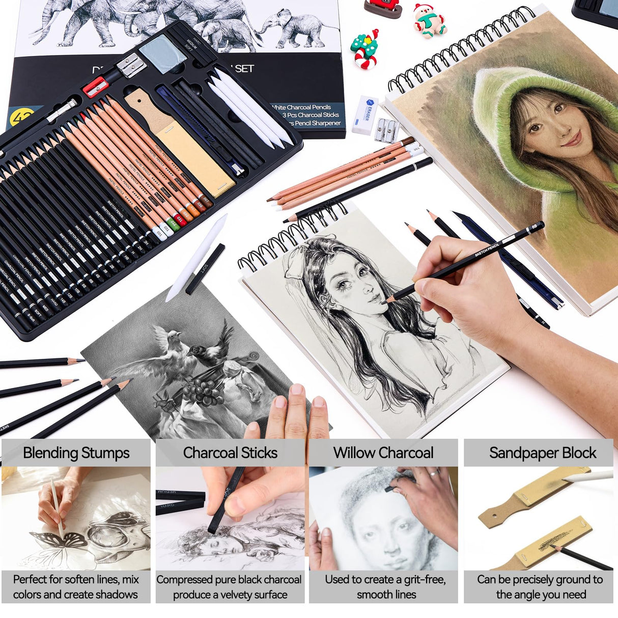 PANDAFLY Drawing Sketching Pencil Set, 42 Pack Pro Art Pencil Kit with Graphite Pencils (14B-4H), Charcoal Pencil, Ideal for Shading, Blending, Drawing Set for Beginners & Pro Artists PANDAFLY