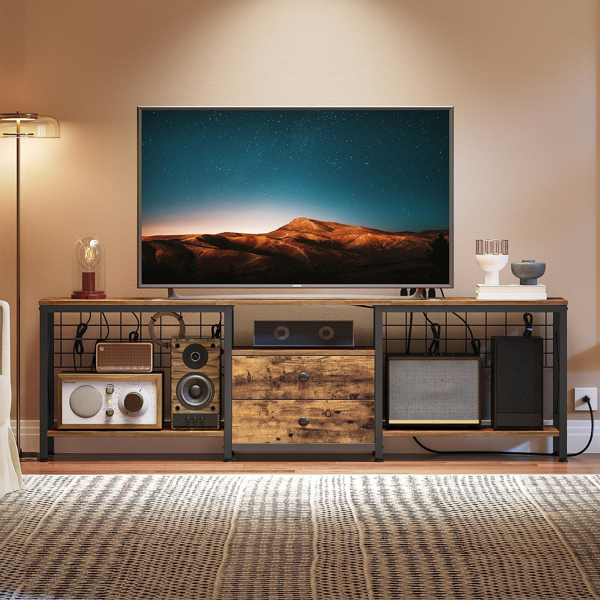 YATINEY TV Stand with Power Outlet Up to 75 Inch, Entertainment Center with 2 Fabric Drawers, TV Console Table with Open Storage Shelves for TVs, Cable Management, for Living Room, Bedroom, DS18UBRY1 YATINEY