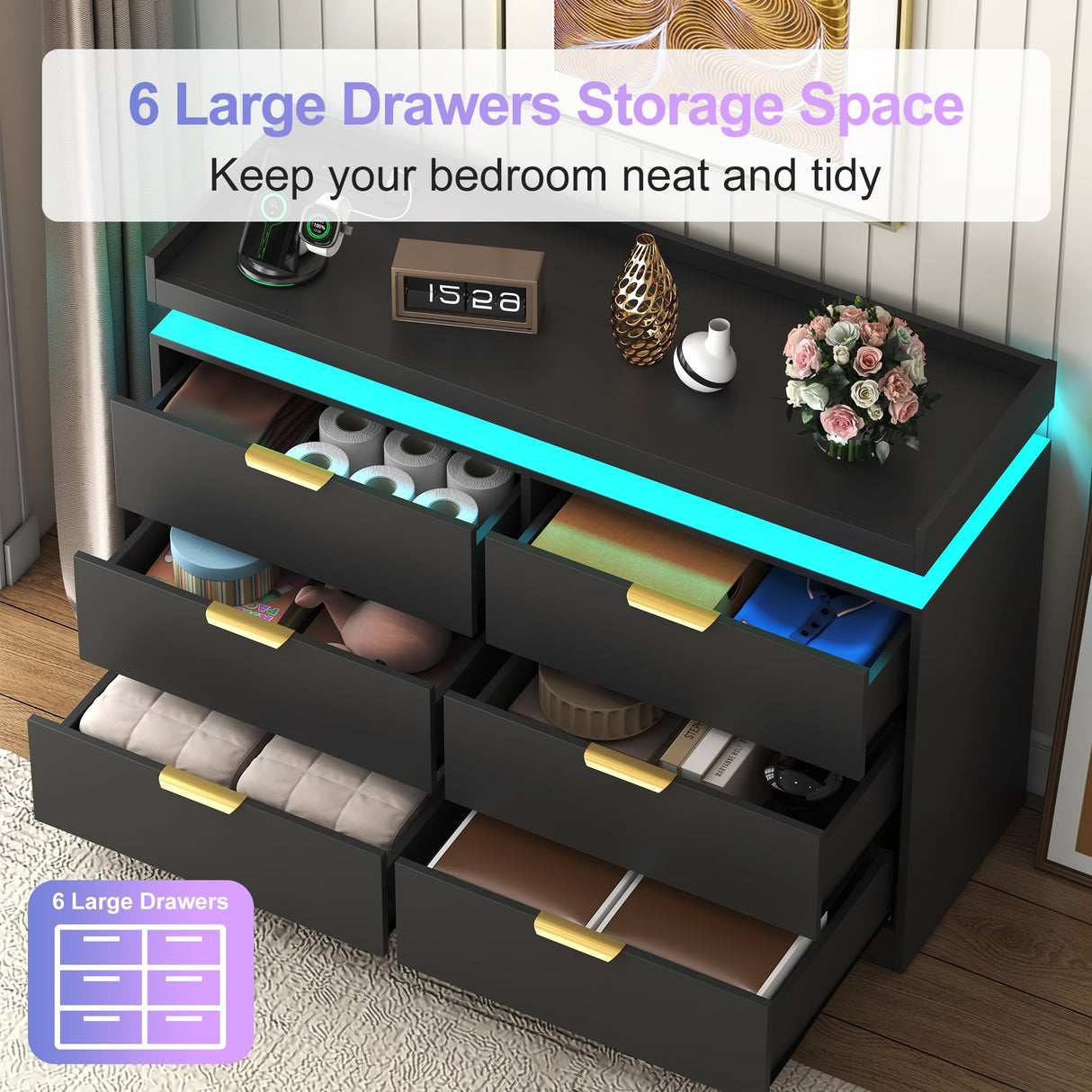 UNIQUITE 6 Drawer Dresser for Bedroom, Black Dresser with LED Lights and Power Outlet, Wooden Dressers Chests of Drawers, Double Wide Dressers for Bedroom, Living Room, Hallway UNIQUITE