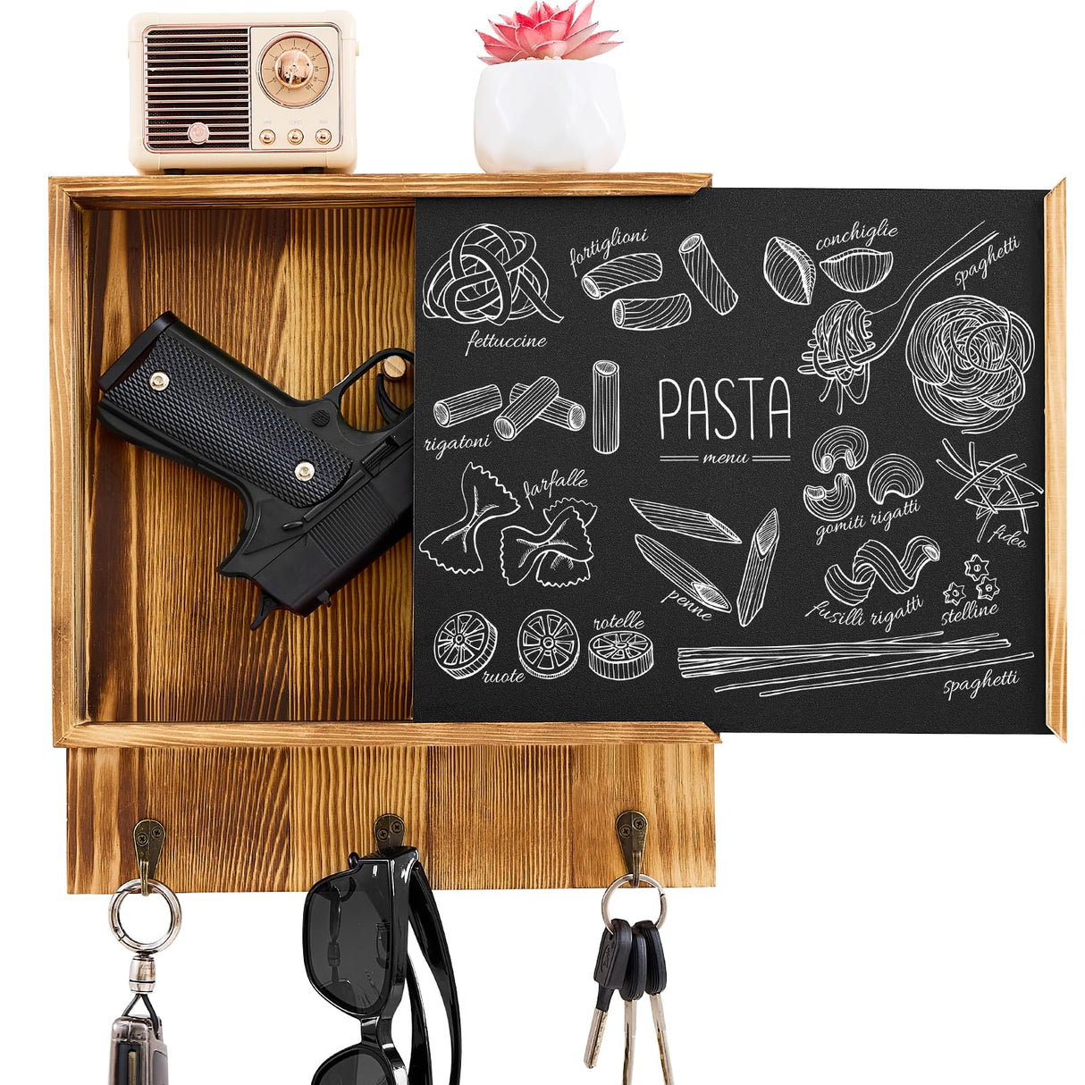 Dononr Hidden Gun Storage, Hidden Gun Safe for Pistols with 3 Metal Hooks, Wooden Picture Frames for Handgun, Hidden Storage Gun Safe Home Furniture, Concealment Furniture Storage, Rustic Brown Dononr