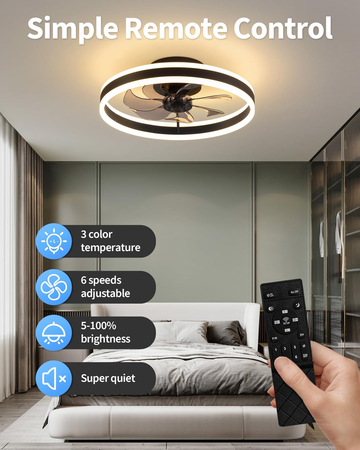 KDG 15.8" Low Profile LED Ceiling Fans with Light, Reversible Flush Mount with Remote and 6 Winds Speeds Fan Lighting, 3 Colors Dimmable for Bedroom, Living Room, Kids, Dinning Room, Kitchen (Black) KDG