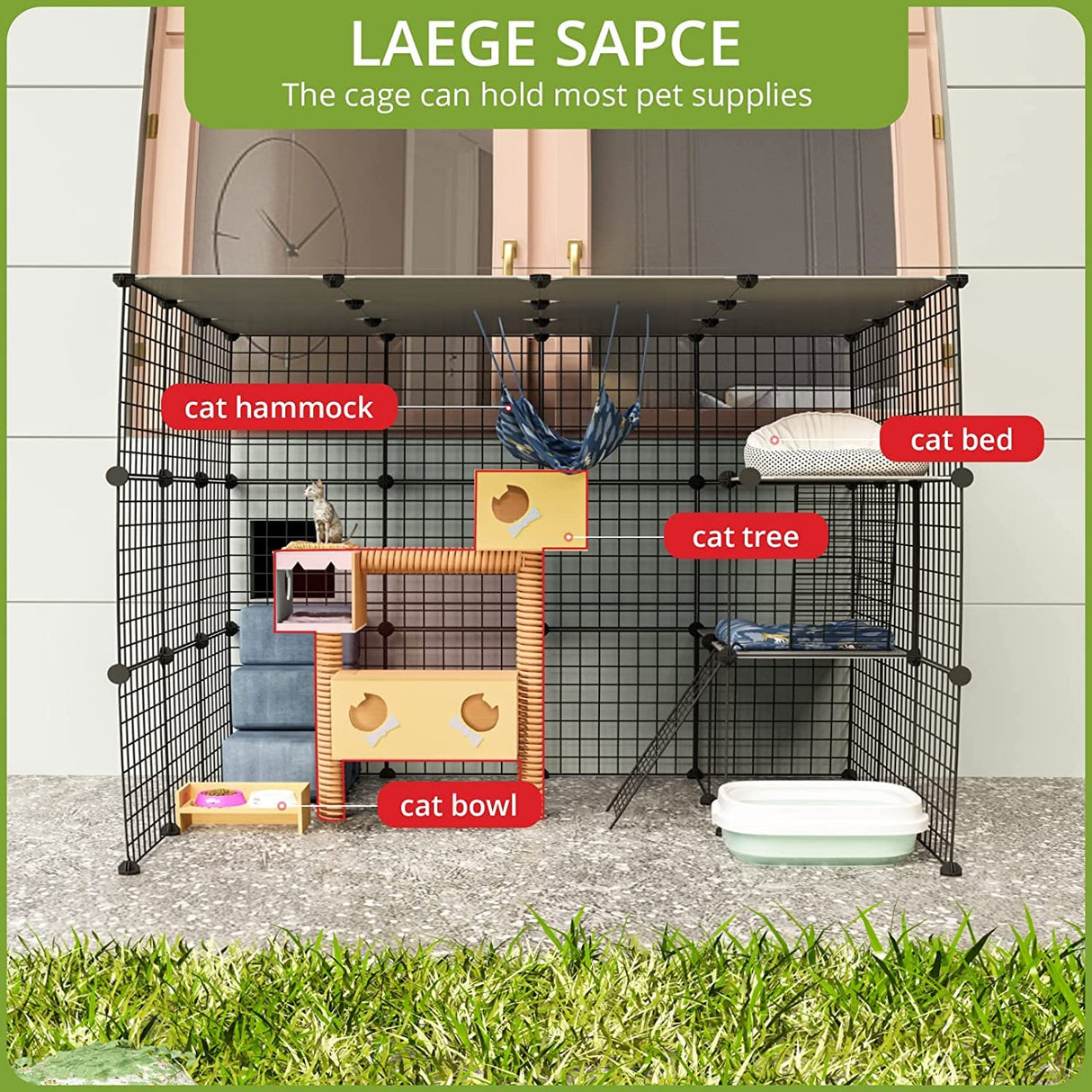 Oneluck Outdoor Cat House Cat Cages Enclosure with Super Large Enter Door, 55L x 41W x41H Balcony Cat Playpen with Platforms,DIY Kennels Crate Large Exercise Place Ideal for 1-3 Cats Oneluck